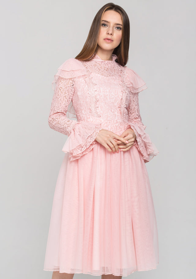 Pink Vintage Ruffle Lace Midi Dress - ownthelooks-Development