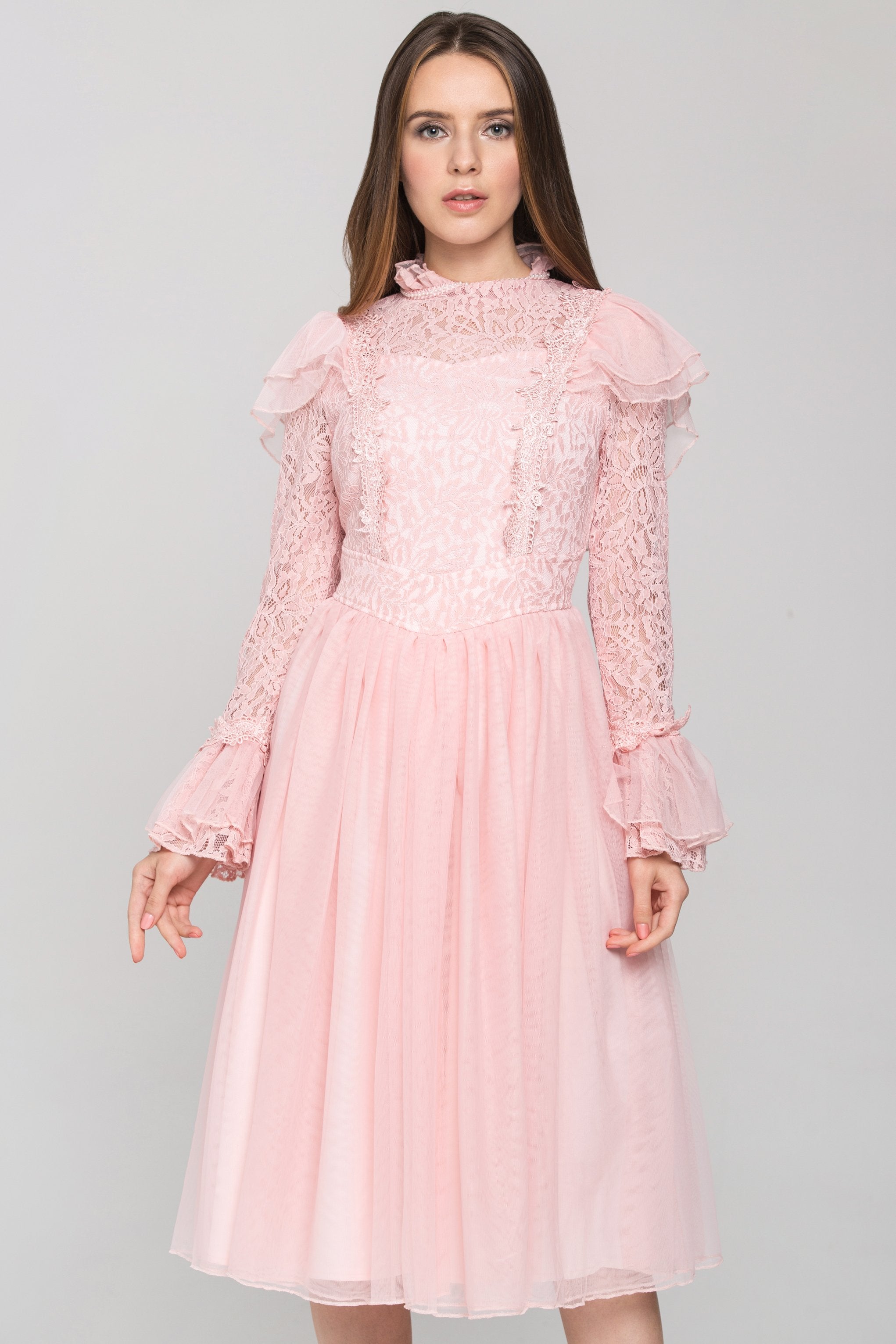Pink Vintage Ruffle Lace Midi Dress - ownthelooks-Development
