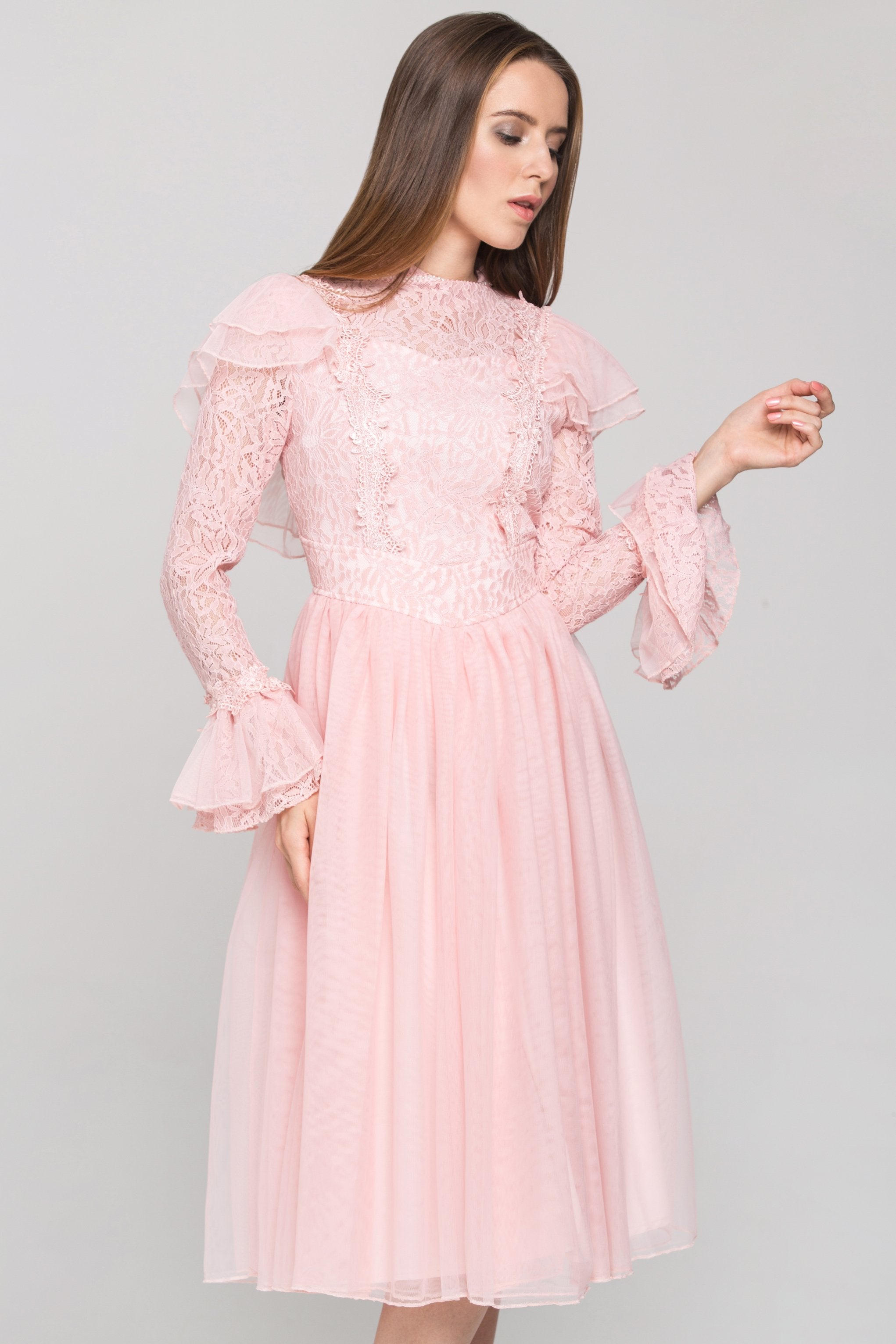 Pink Vintage Ruffle Lace Midi Dress - ownthelooks-Development