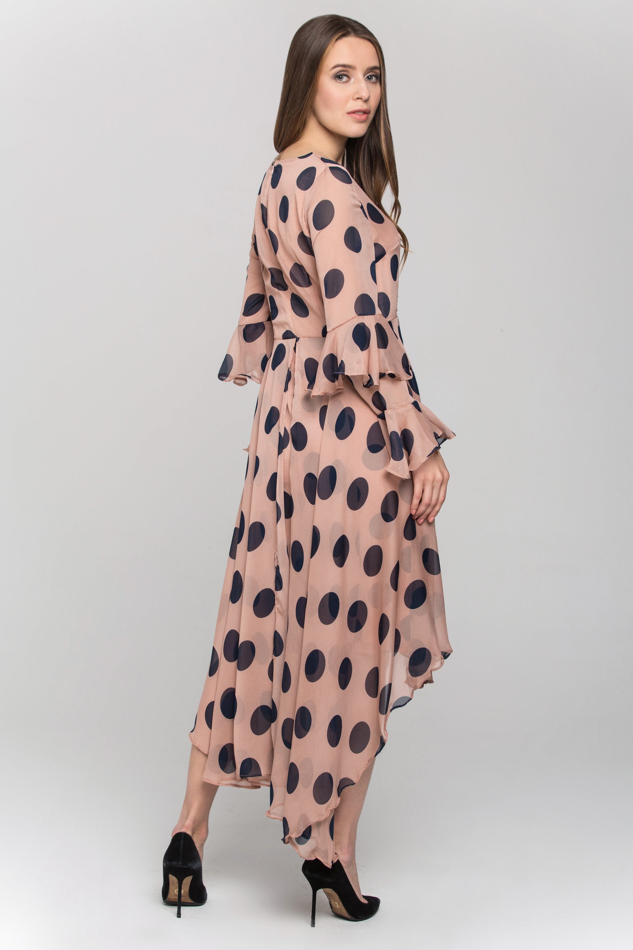 Pink and Blue Polka Dot Ruffled Chiffon Midi Dress - ownthelooks-Development