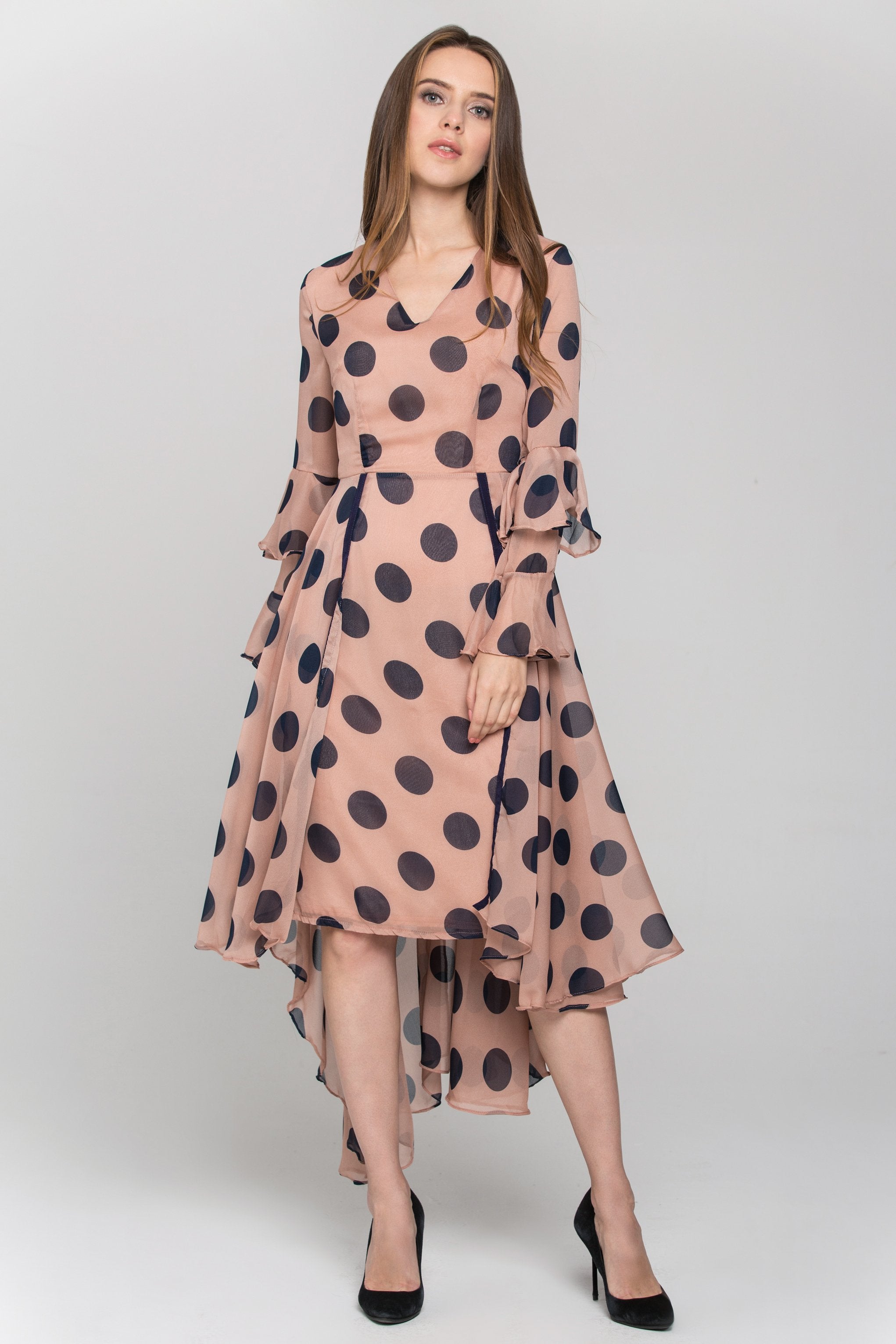 Pink and Blue Polka Dot Ruffled Chiffon Midi Dress - ownthelooks-Development
