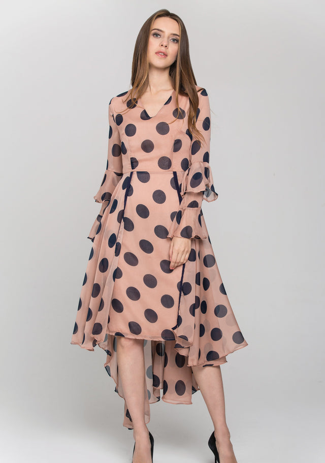 Pink and Blue Polka Dot Ruffled Chiffon Midi Dress - ownthelooks-Development