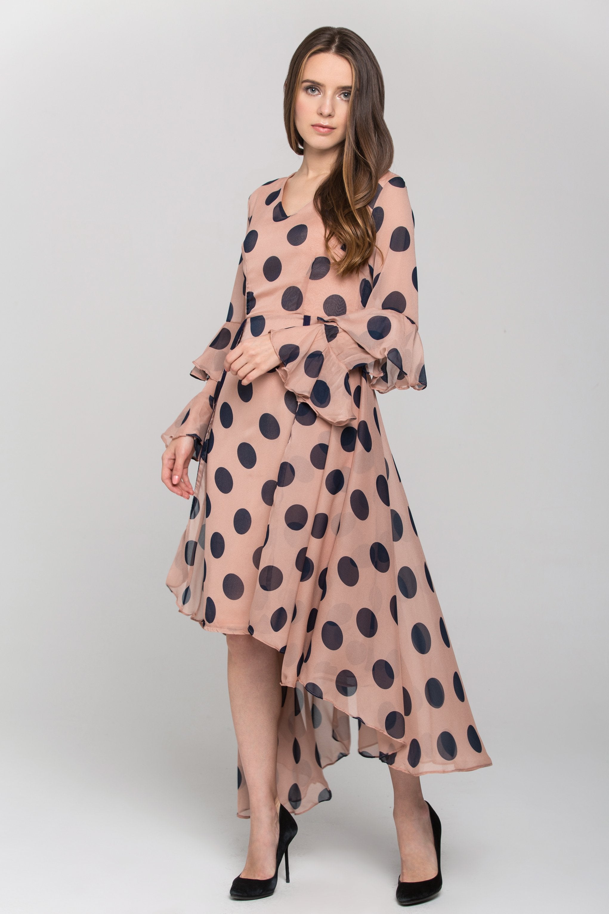 Pink and Blue Polka Dot Ruffled Chiffon Midi Dress - ownthelooks-Development