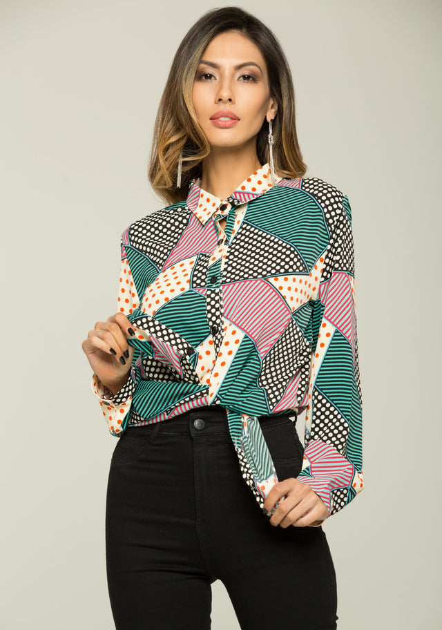 Polka and Stripes Print Button-up Top - ownthelooks-Development