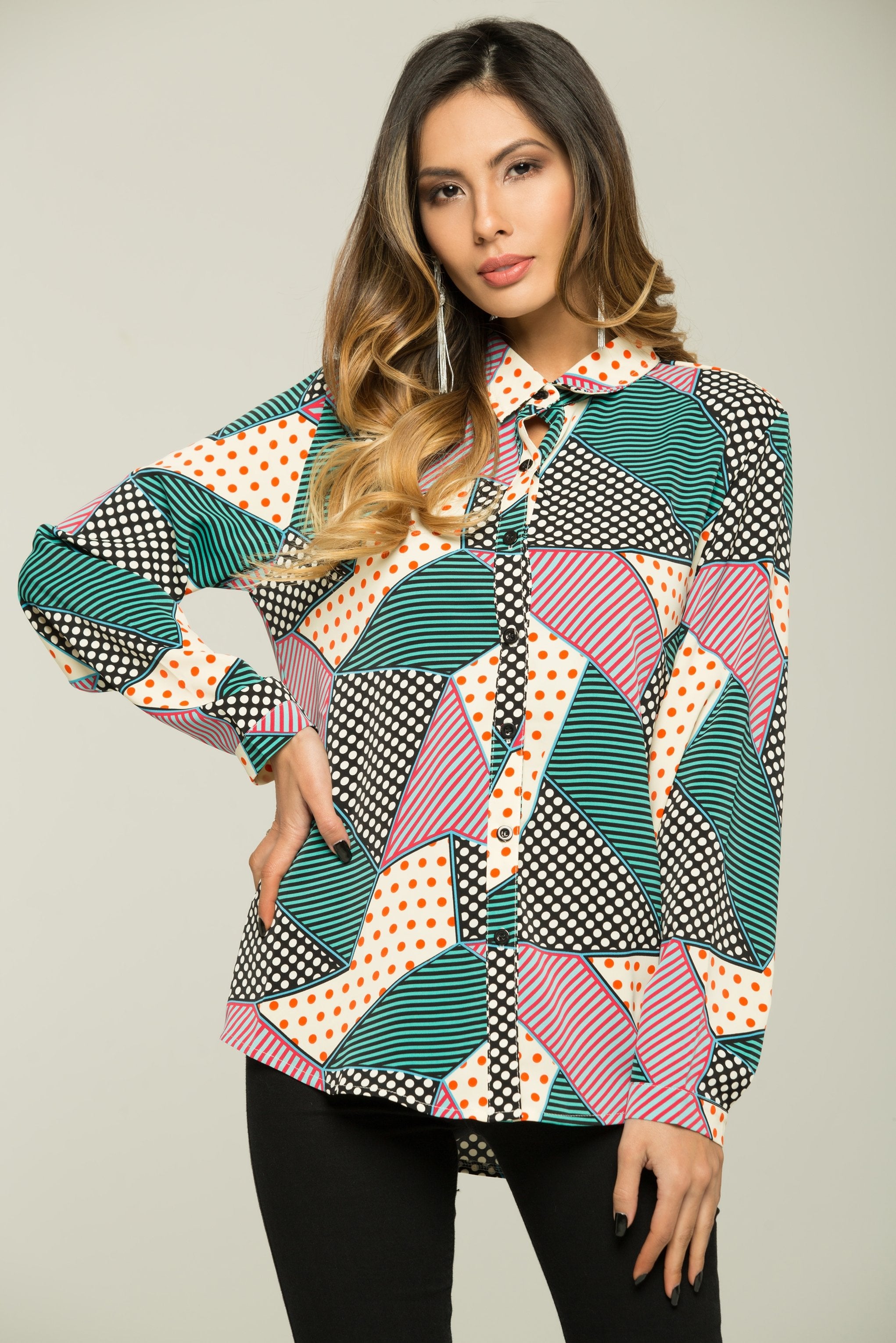 Polka and Stripes Print Button-up Top - ownthelooks-Development