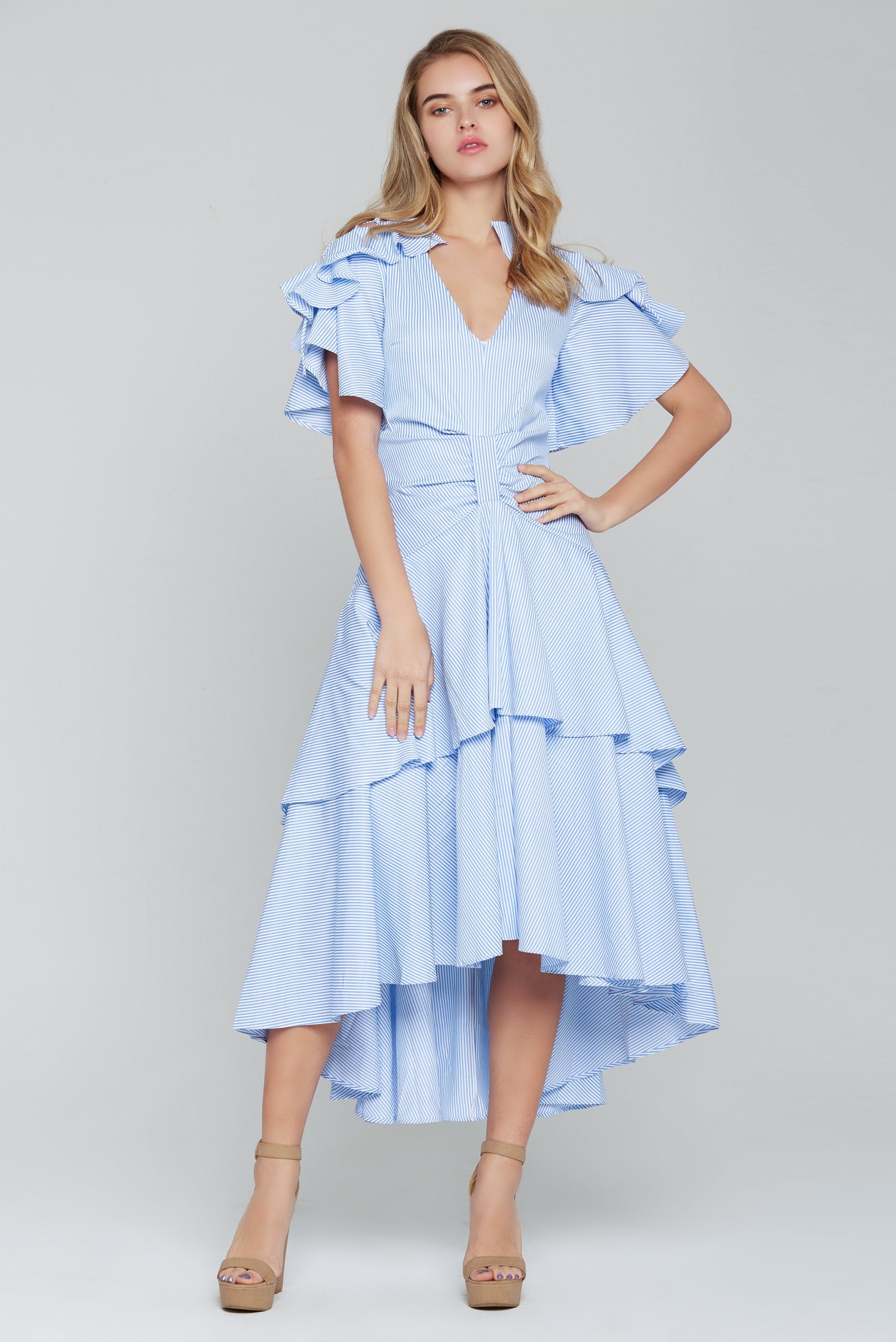 Powder Blue Asymmetrical Ruffled Midi Dress - ownthelooks-Development