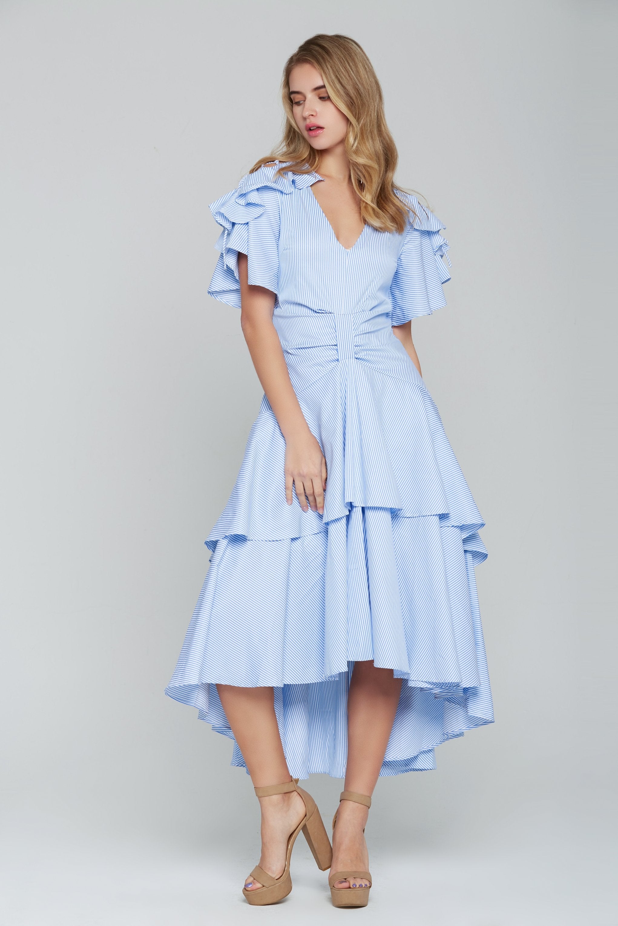 Powder Blue Asymmetrical Ruffled Midi Dress - ownthelooks-Development