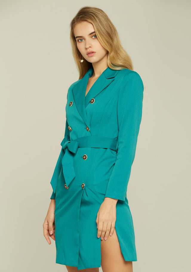 Teal Double Breasted Button-up Blazer Dress - ownthelooks-Development