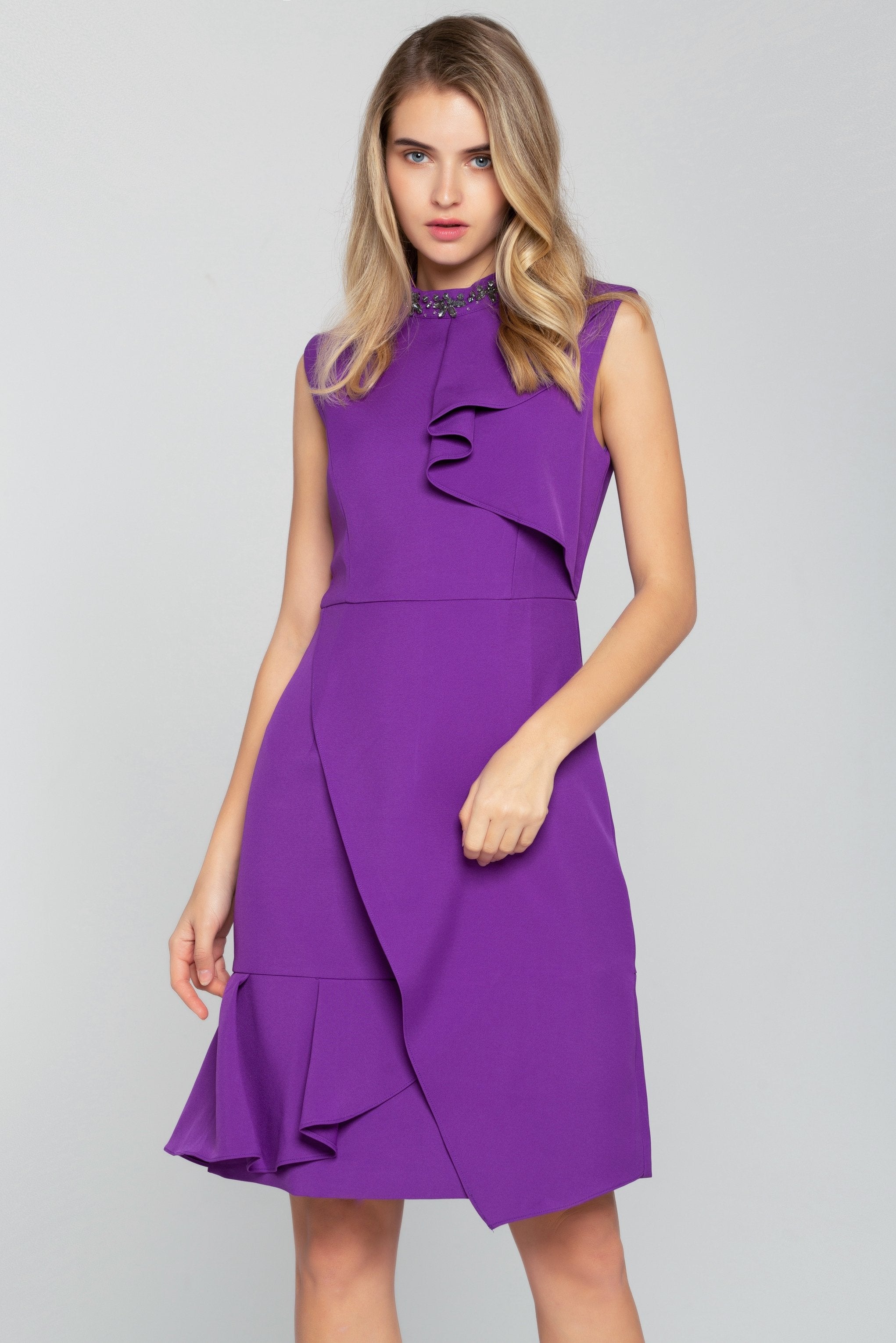 Purple Asymmetrical Ruffles Sleeveless Midi Dress - ownthelooks-Development