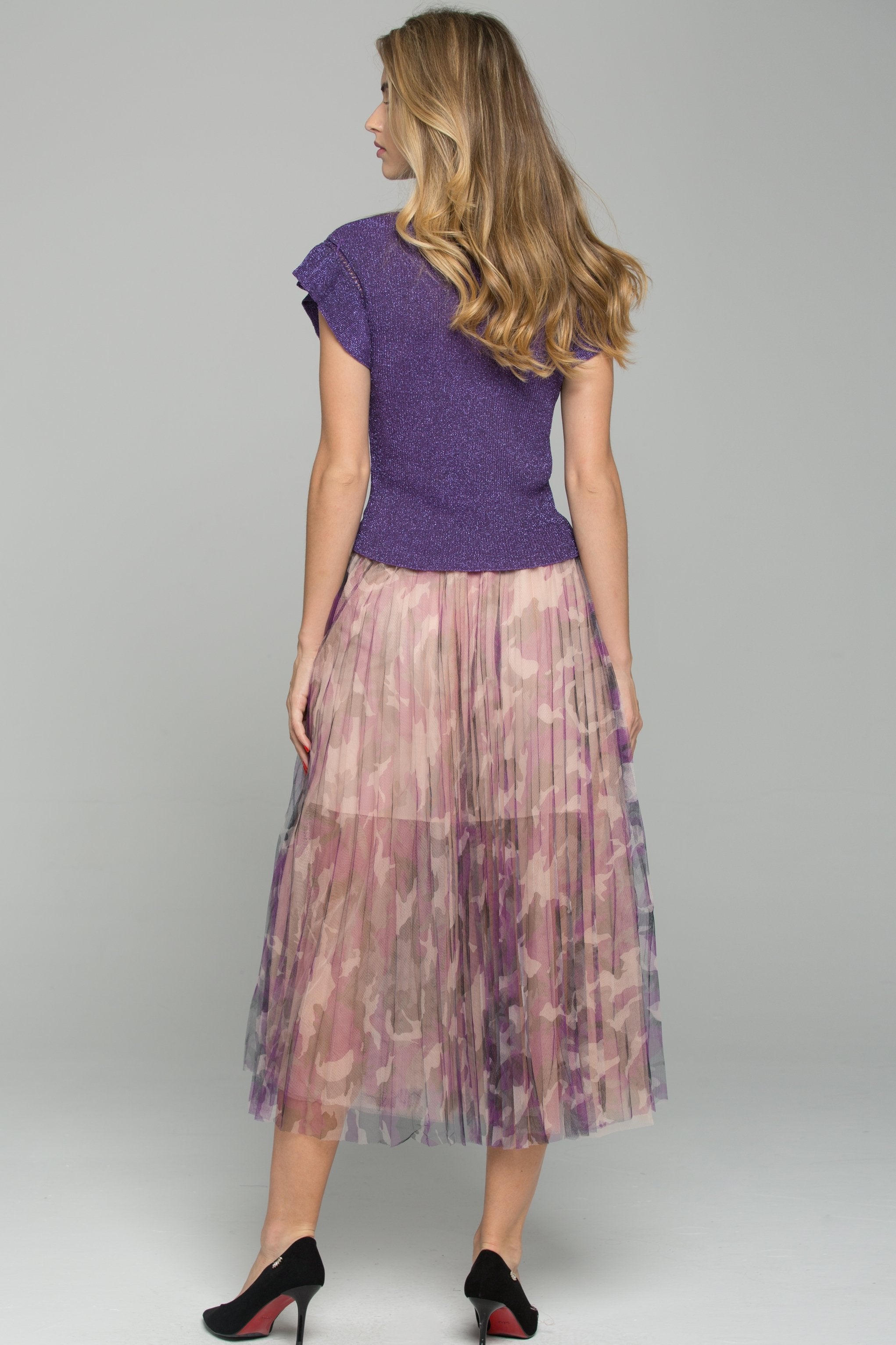 Purple Ruffled Top Chiffon Double Layer Accordion Pleats Midi Skirt Set - ownthelooks-Development