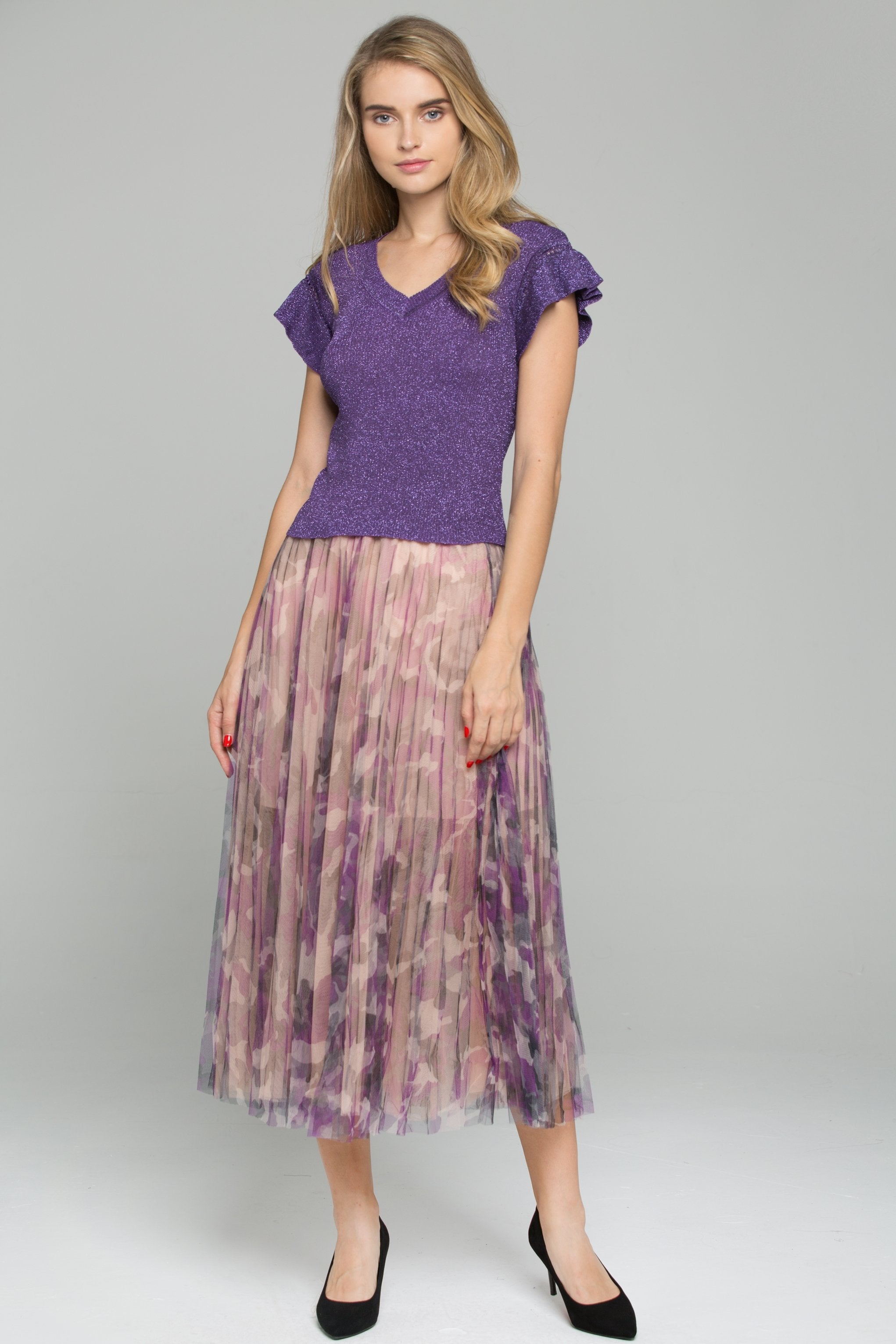 Purple Ruffled Top Chiffon Double Layer Accordion Pleats Midi Skirt Set - ownthelooks-Development