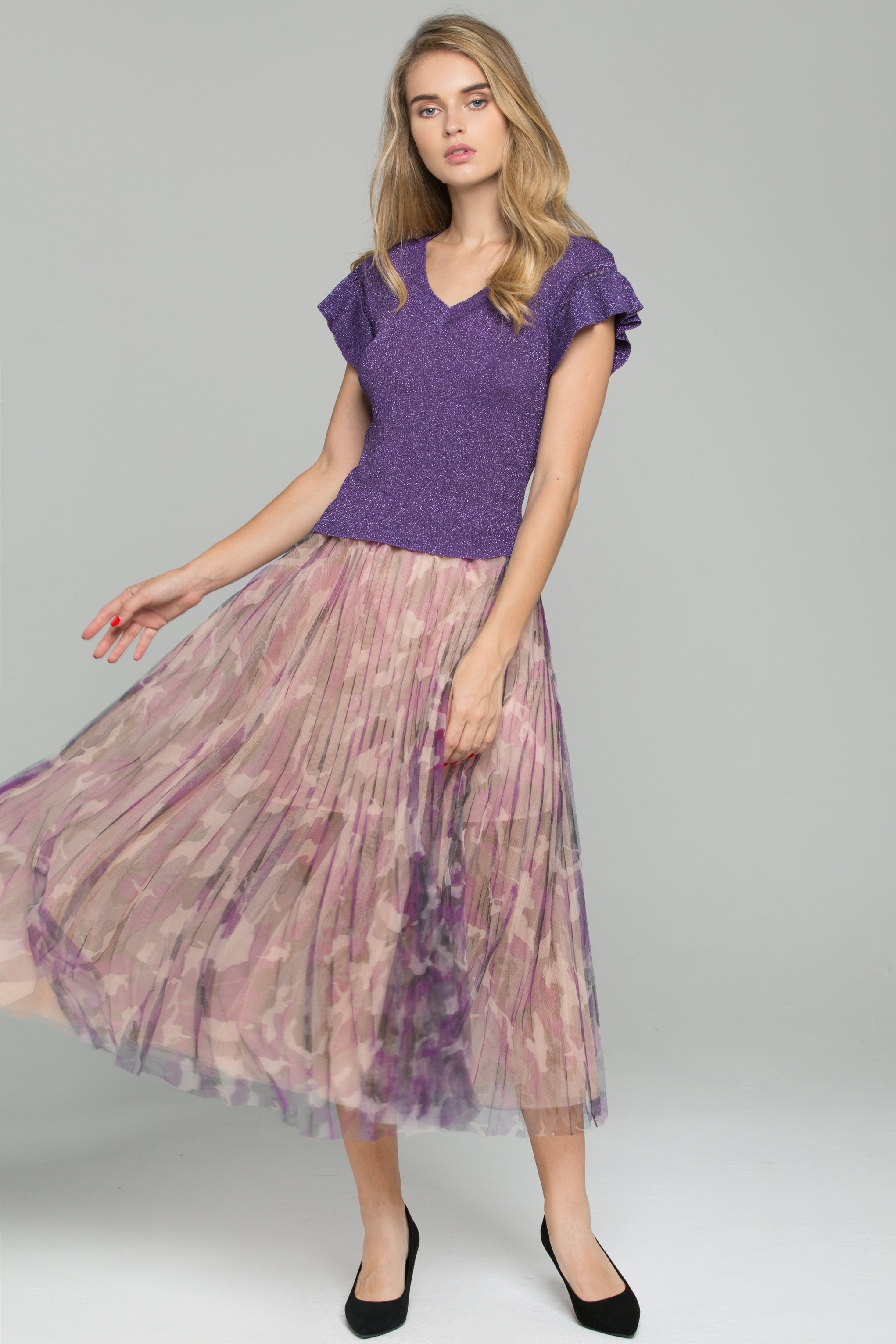 Purple Ruffled Top Chiffon Double Layer Accordion Pleats Midi Skirt Set - ownthelooks-Development