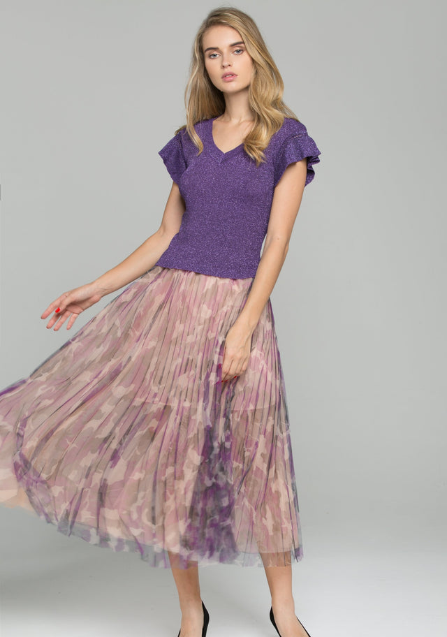 Purple Ruffled Top Chiffon Double Layer Accordion Pleats Midi Skirt Set - ownthelooks-Development
