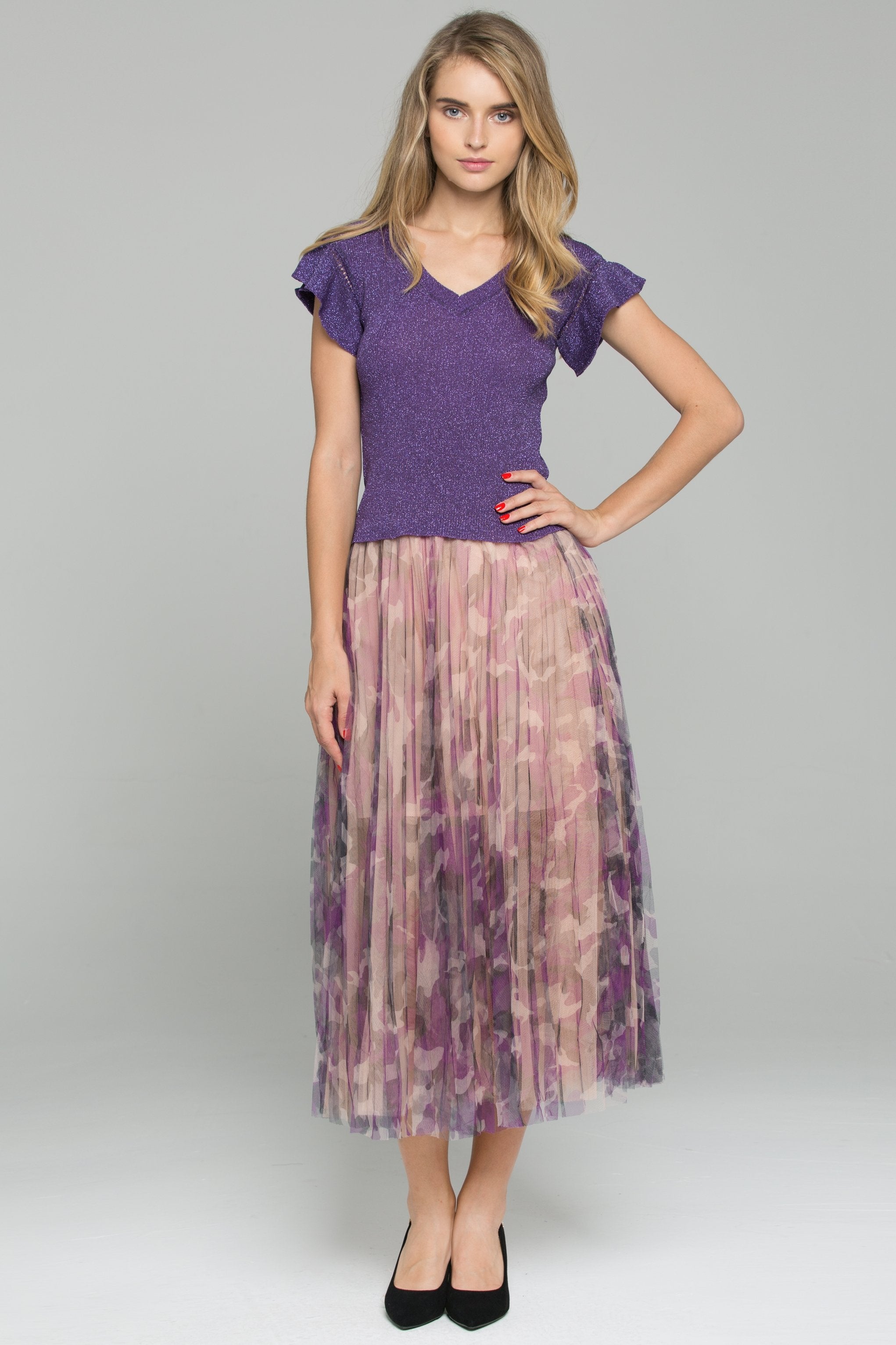 Purple Ruffled Top Chiffon Double Layer Accordion Pleats Midi Skirt Set - ownthelooks-Development