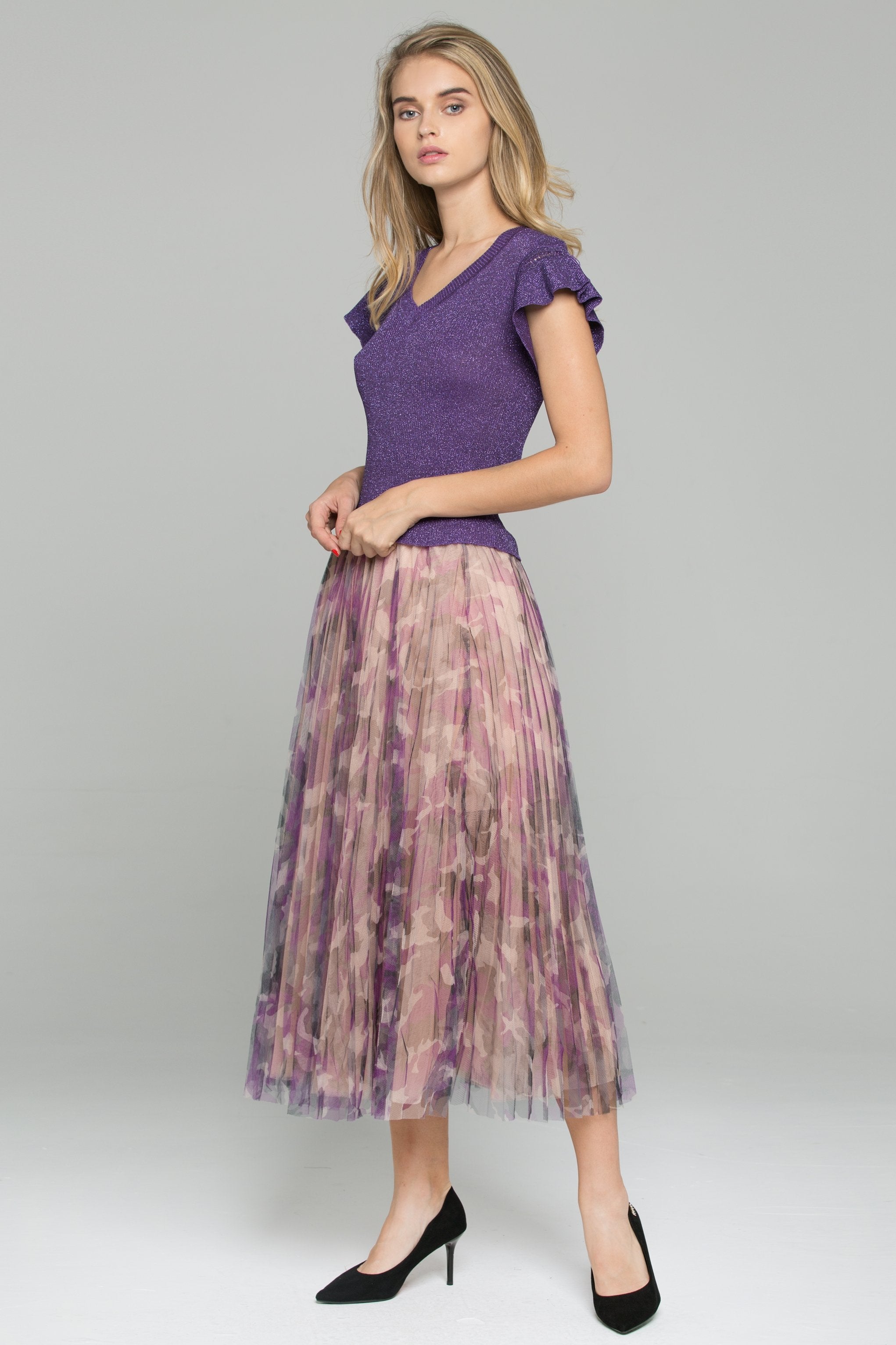 Purple Ruffled Top Chiffon Double Layer Accordion Pleats Midi Skirt Set - ownthelooks-Development