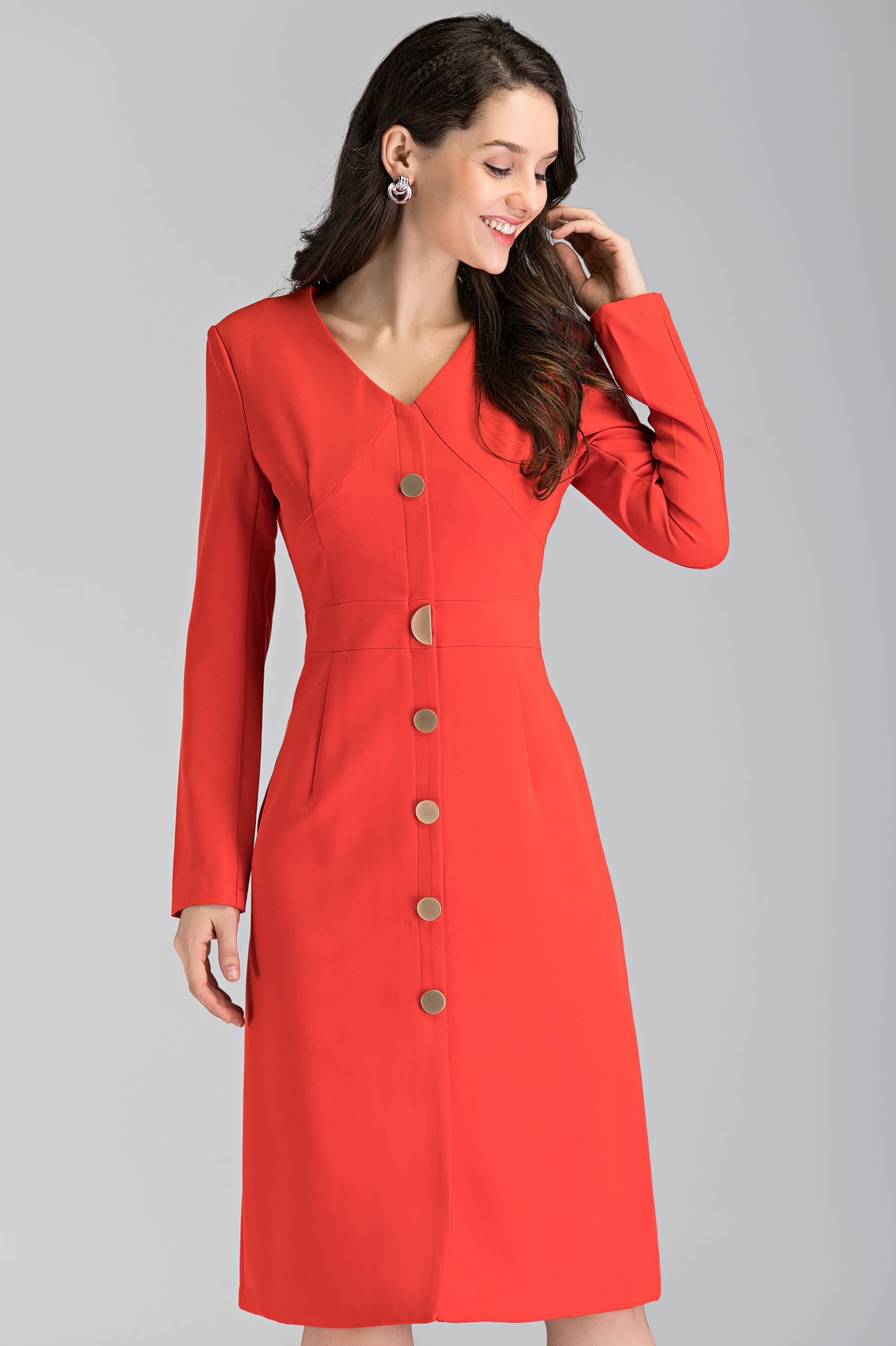 Red Button Up Sleeved Midi Dress - ownthelooks-Development