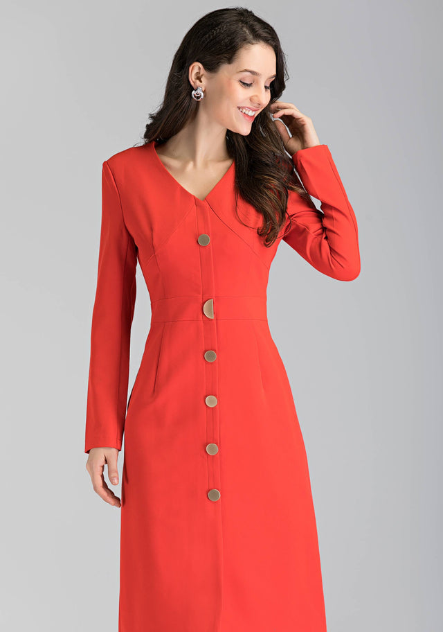 Red Button Up Sleeved Midi Dress - ownthelooks-Development