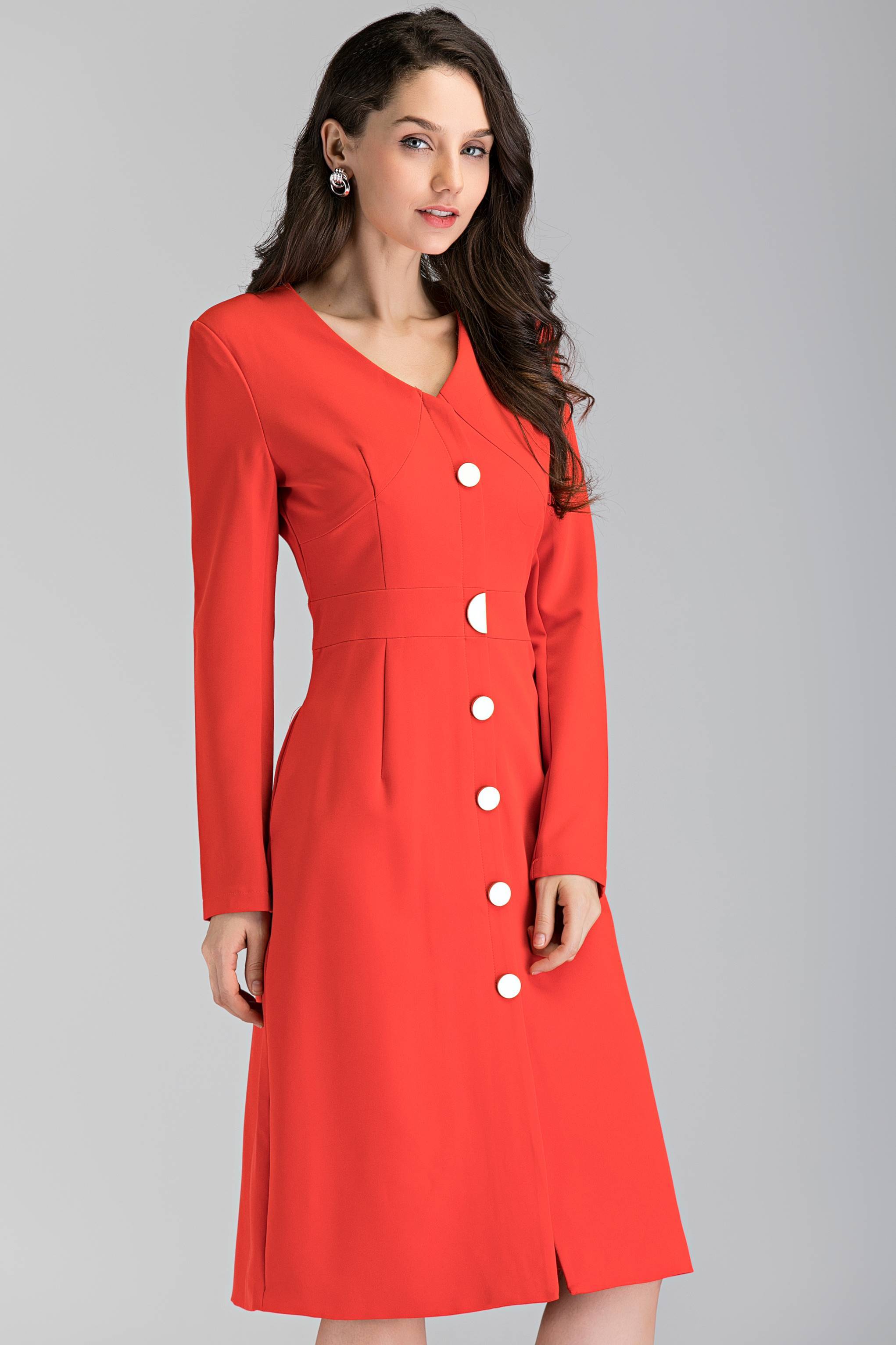 Red Button Up Sleeved Midi Dress - ownthelooks-Development