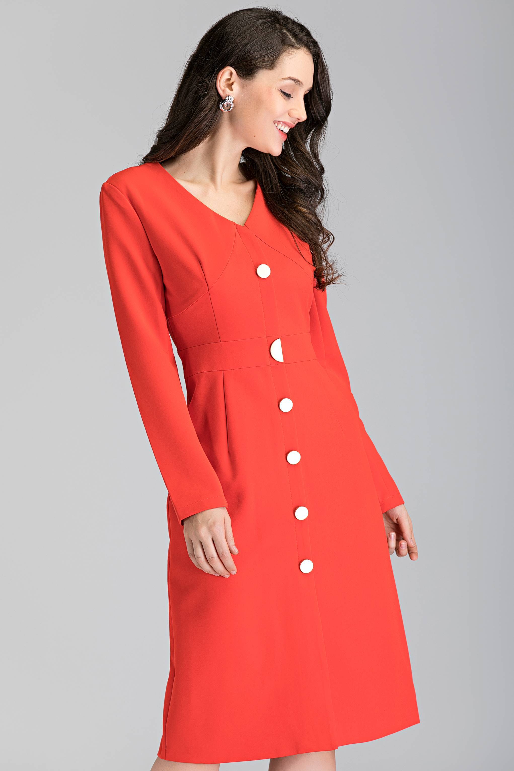 Red Button Up Sleeved Midi Dress - ownthelooks-Development