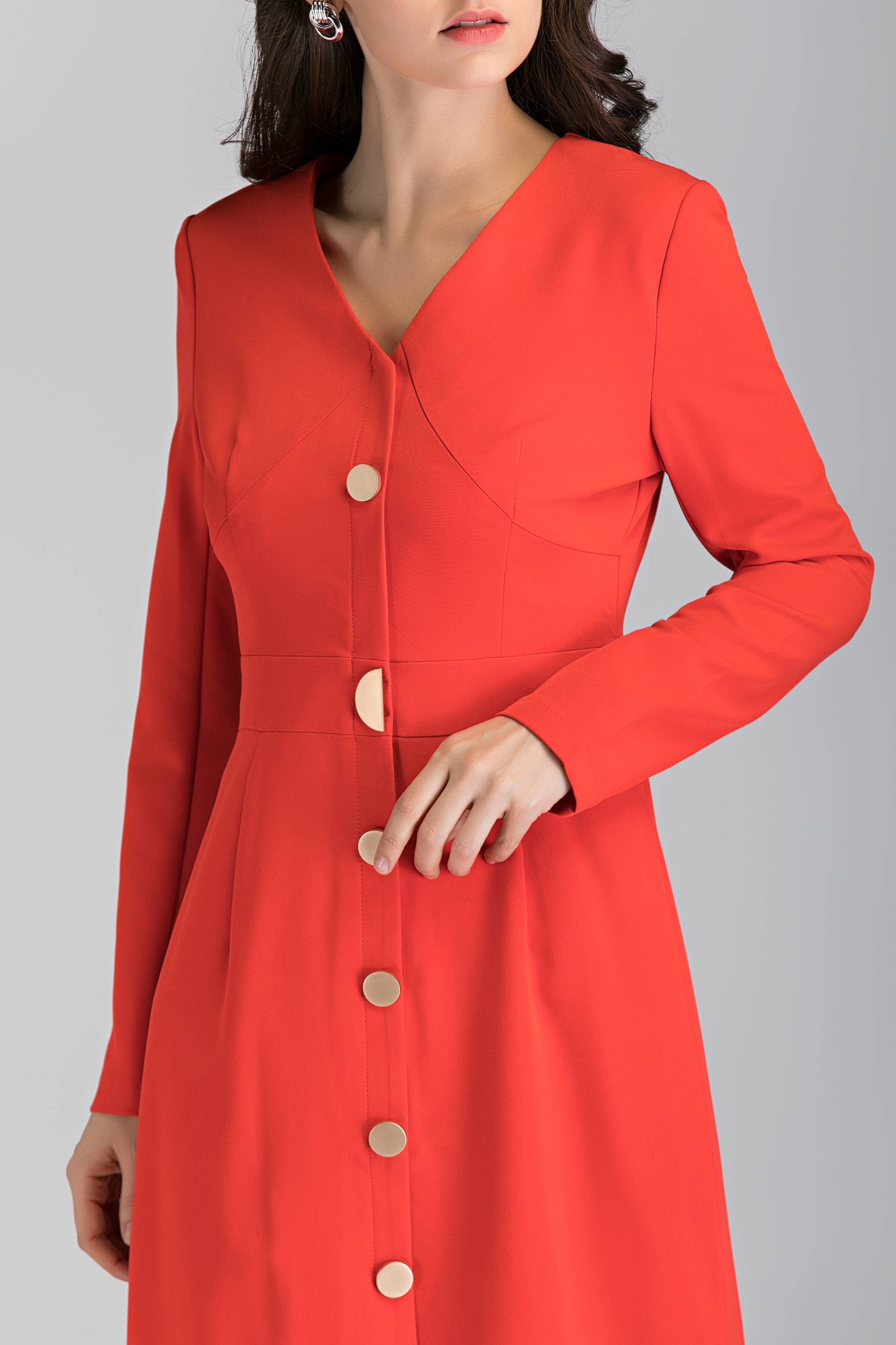 Red Button Up Sleeved Midi Dress - ownthelooks-Development