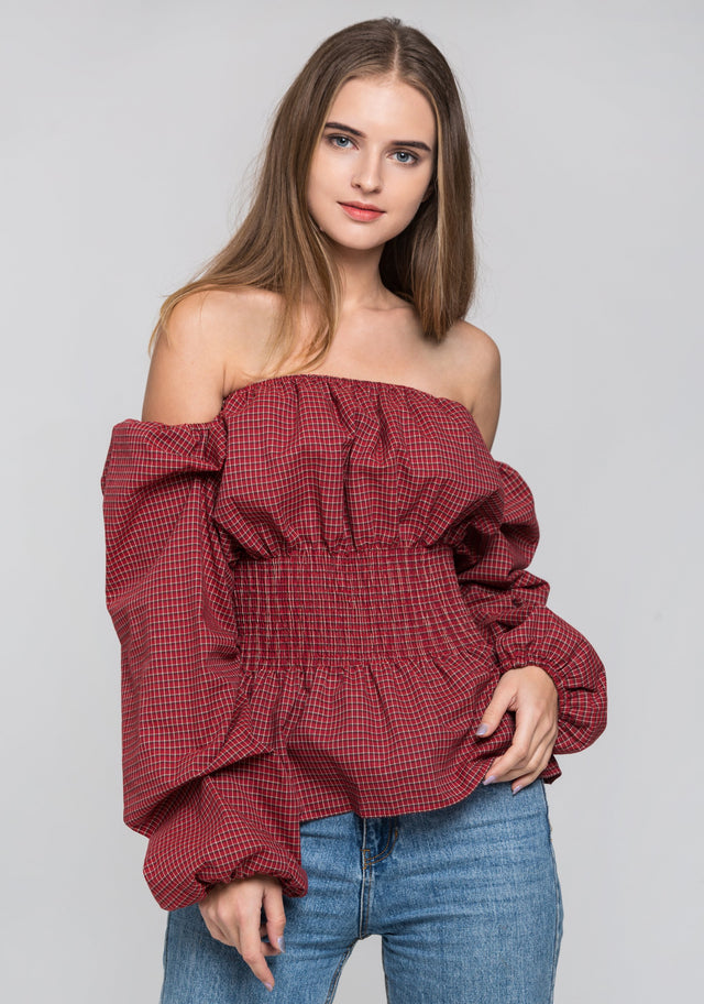 Red Check Smocked Waist Off The Shoulder Top - ownthelooks-Development