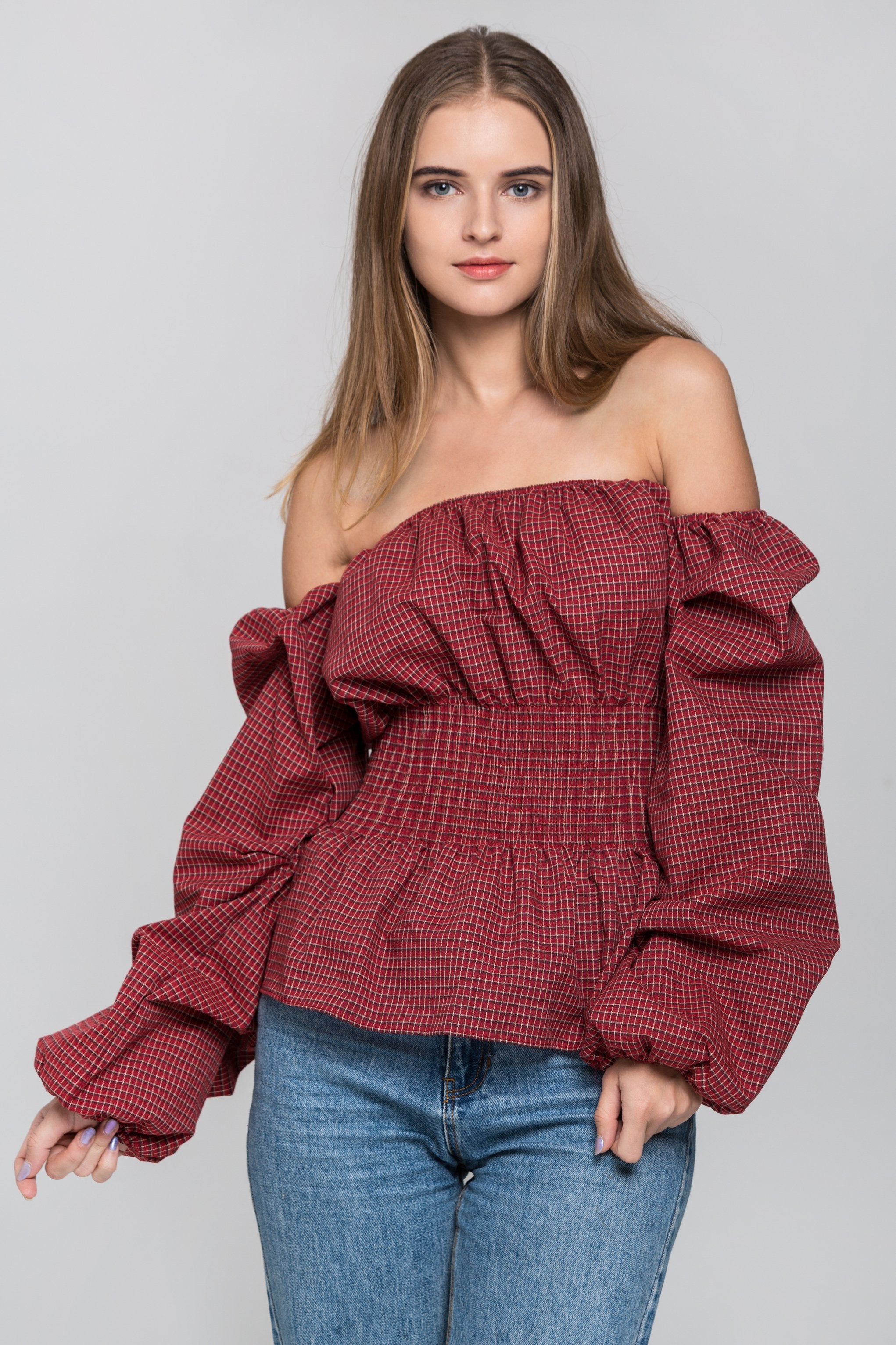 Red Check Smocked Waist Off The Shoulder Top - ownthelooks-Development