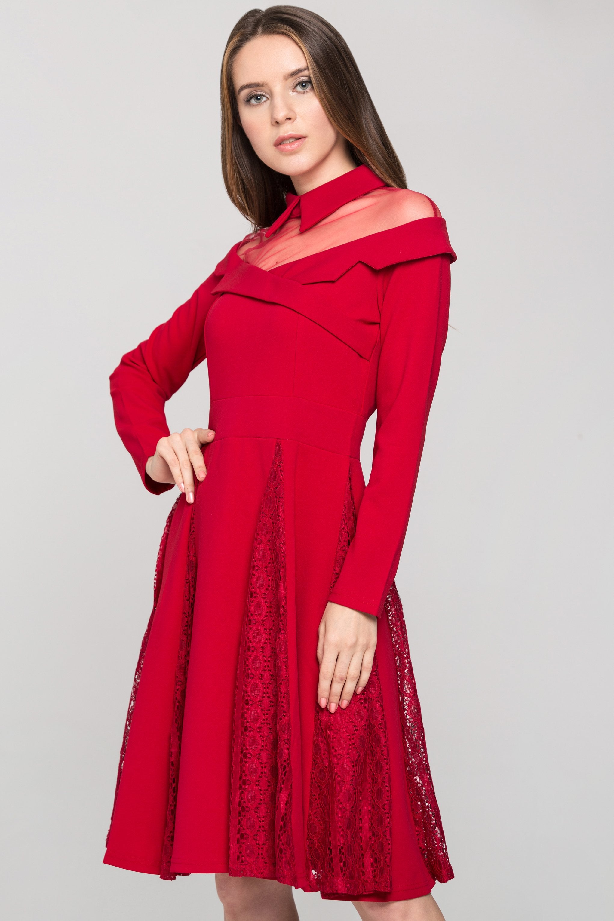 Red Collared Sheer Yoke Sleeved Princess Midi Dress - ownthelooks-Development