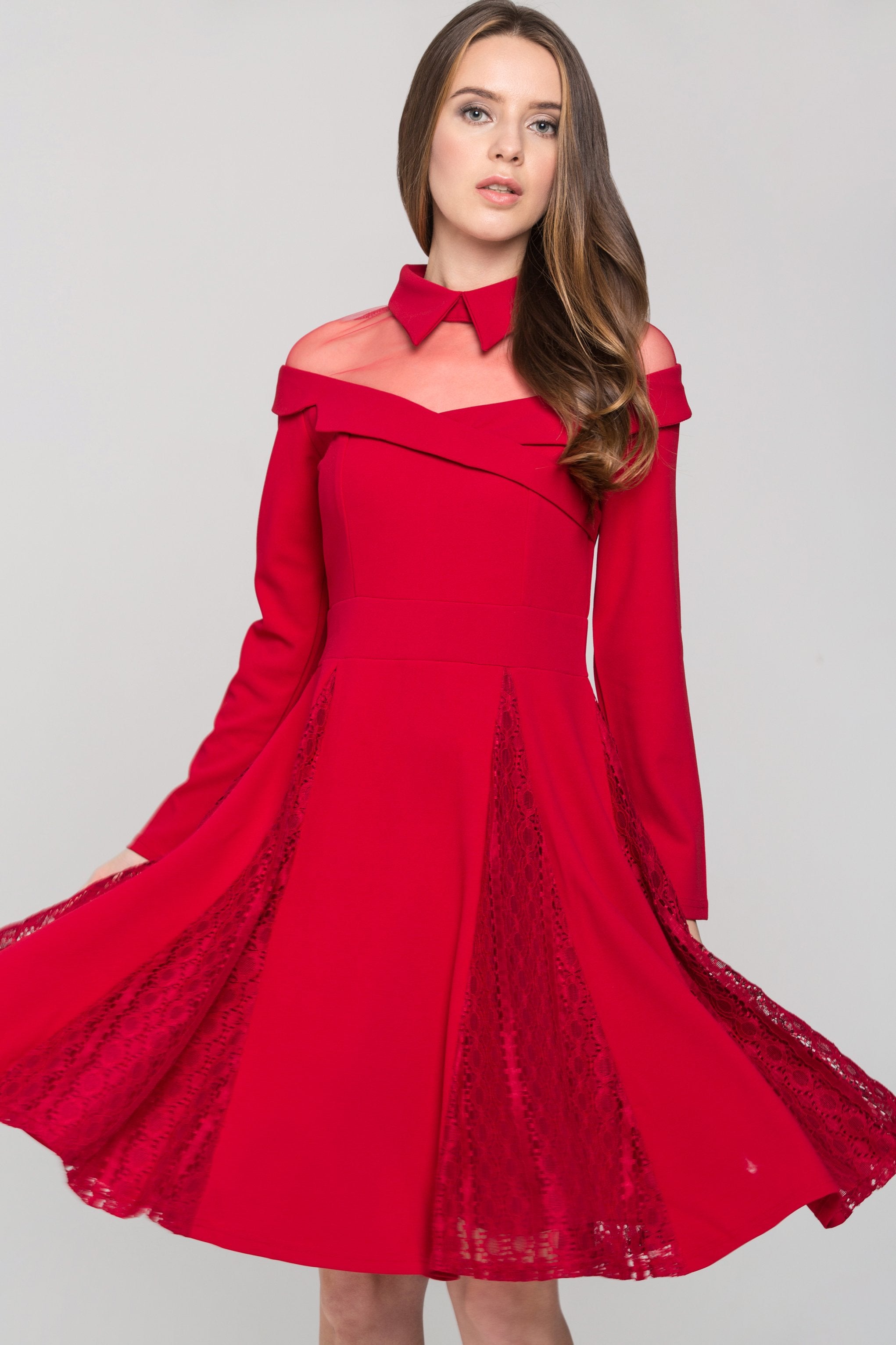 Red Collared Sheer Yoke Sleeved Princess Midi Dress - ownthelooks-Development