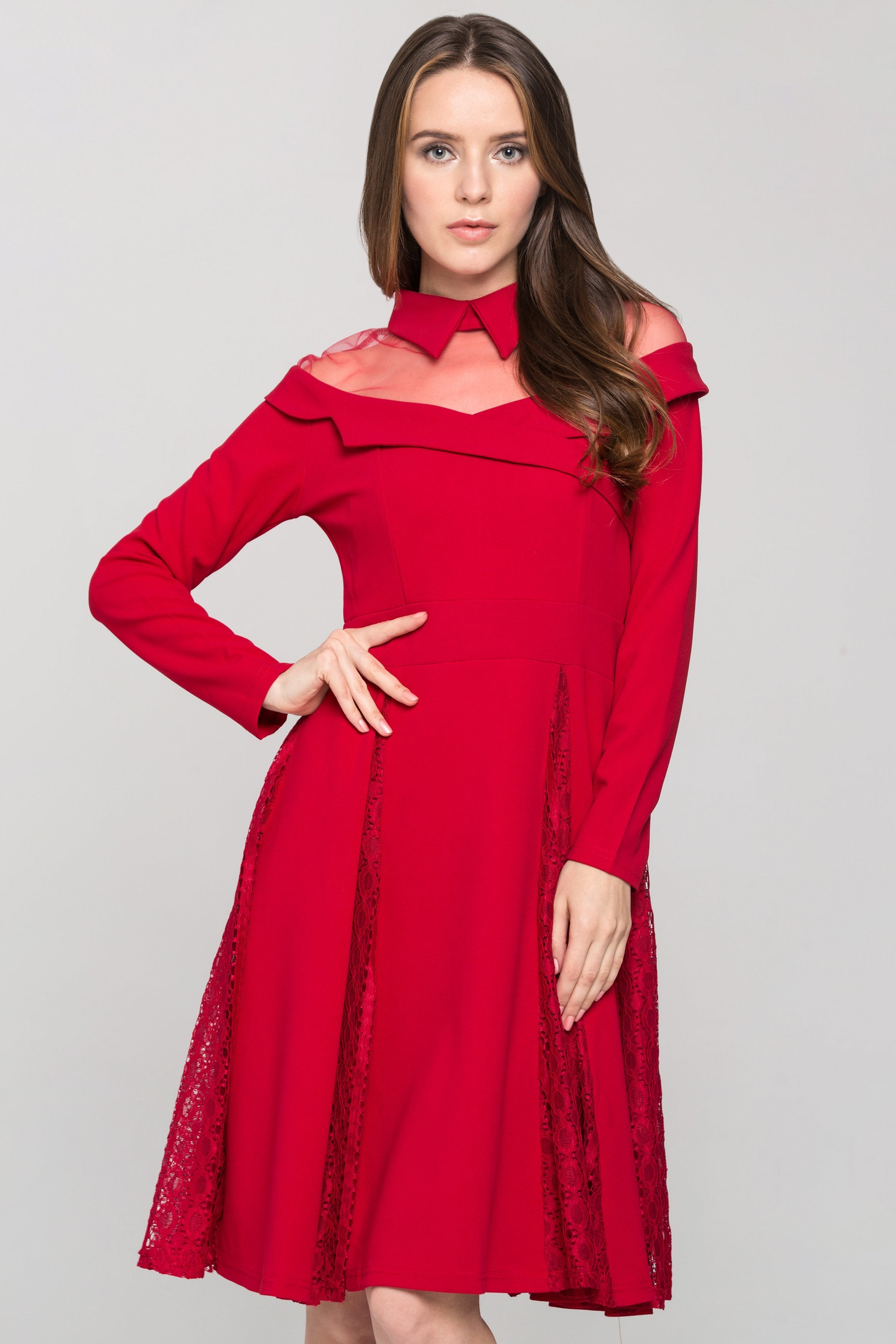 Red Collared Sheer Yoke Sleeved Princess Midi Dress - ownthelooks-Development