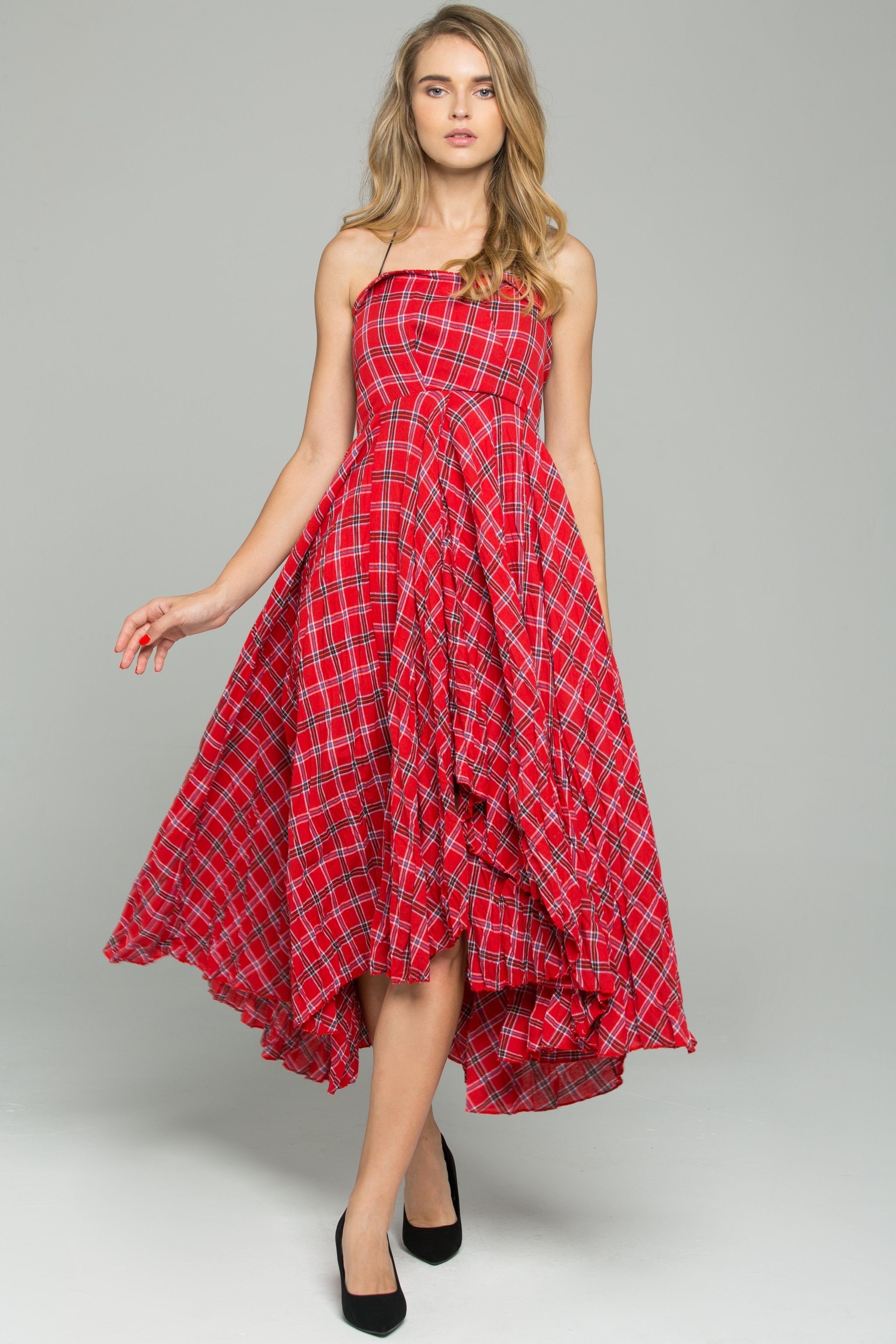 Red Cotton Spaghetti Strap Plaid Print Asymmetrical Midi Dress - ownthelooks-Development