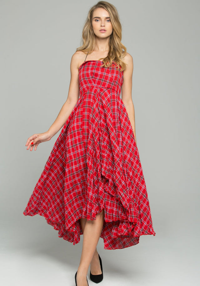 Red Cotton Spaghetti Strap Plaid Print Asymmetrical Midi Dress - ownthelooks-Development