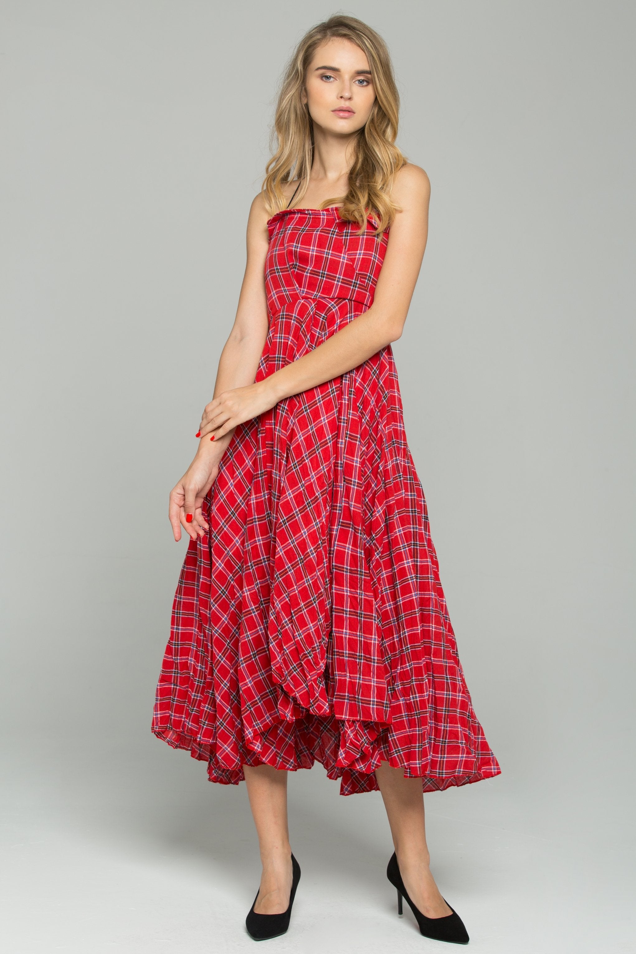 Red Cotton Spaghetti Strap Plaid Print Asymmetrical Midi Dress - ownthelooks-Development