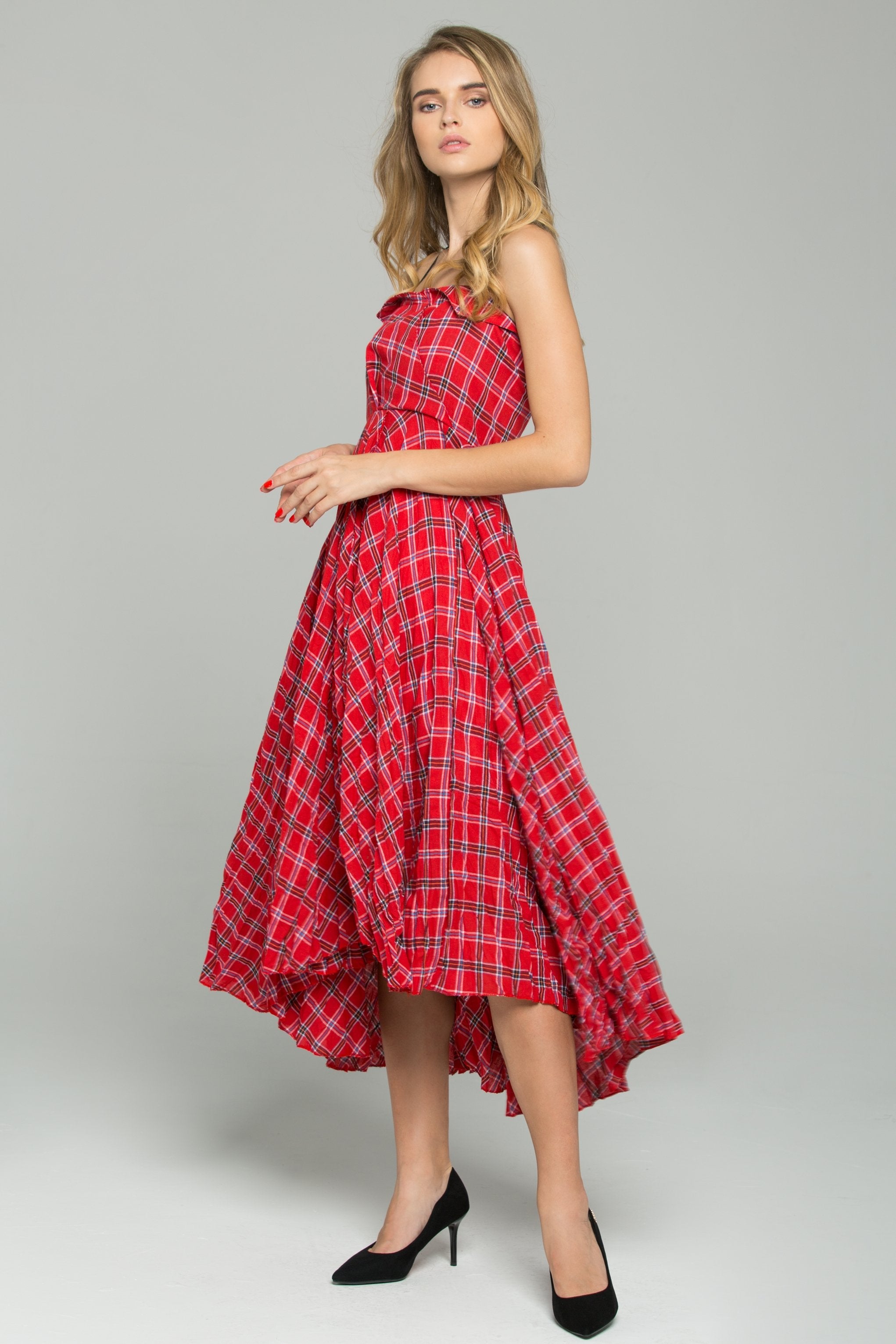 Red Cotton Spaghetti Strap Plaid Print Asymmetrical Midi Dress - ownthelooks-Development