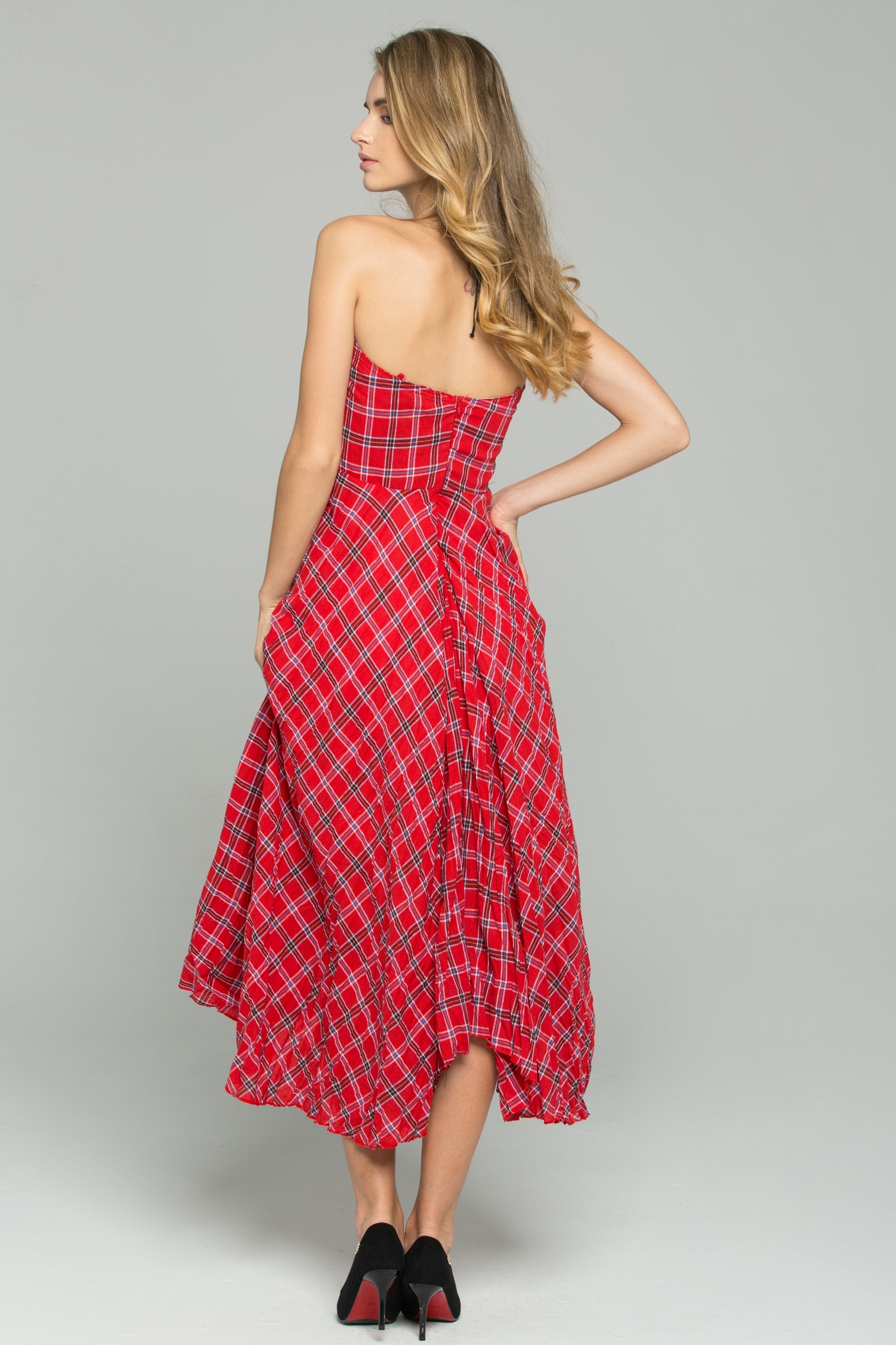 Red Cotton Spaghetti Strap Plaid Print Asymmetrical Midi Dress - ownthelooks-Development
