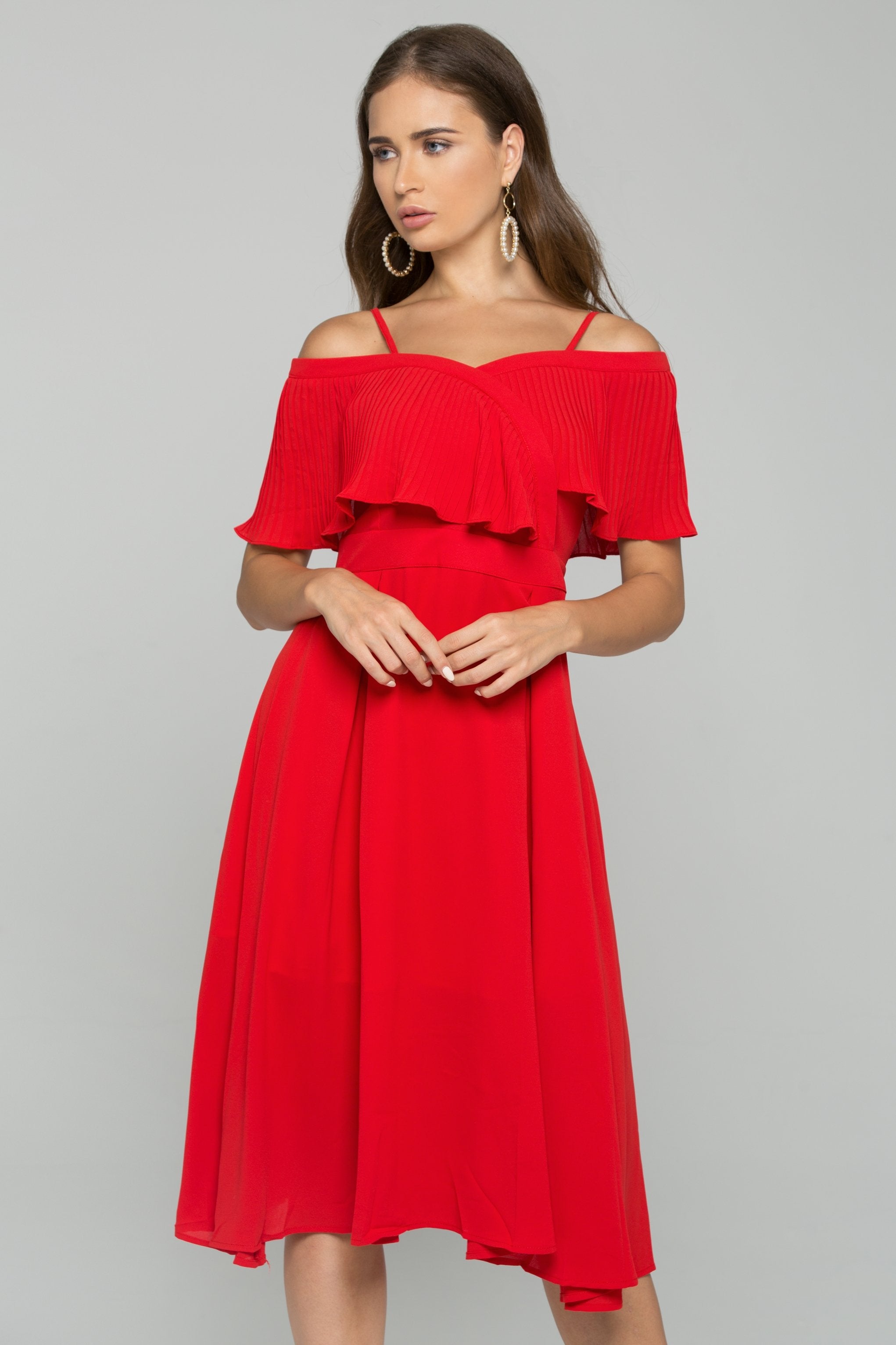 Red Spaghetti Strap Front Ribbed Ruffle Trim Mini Dress - ownthelooks-Development