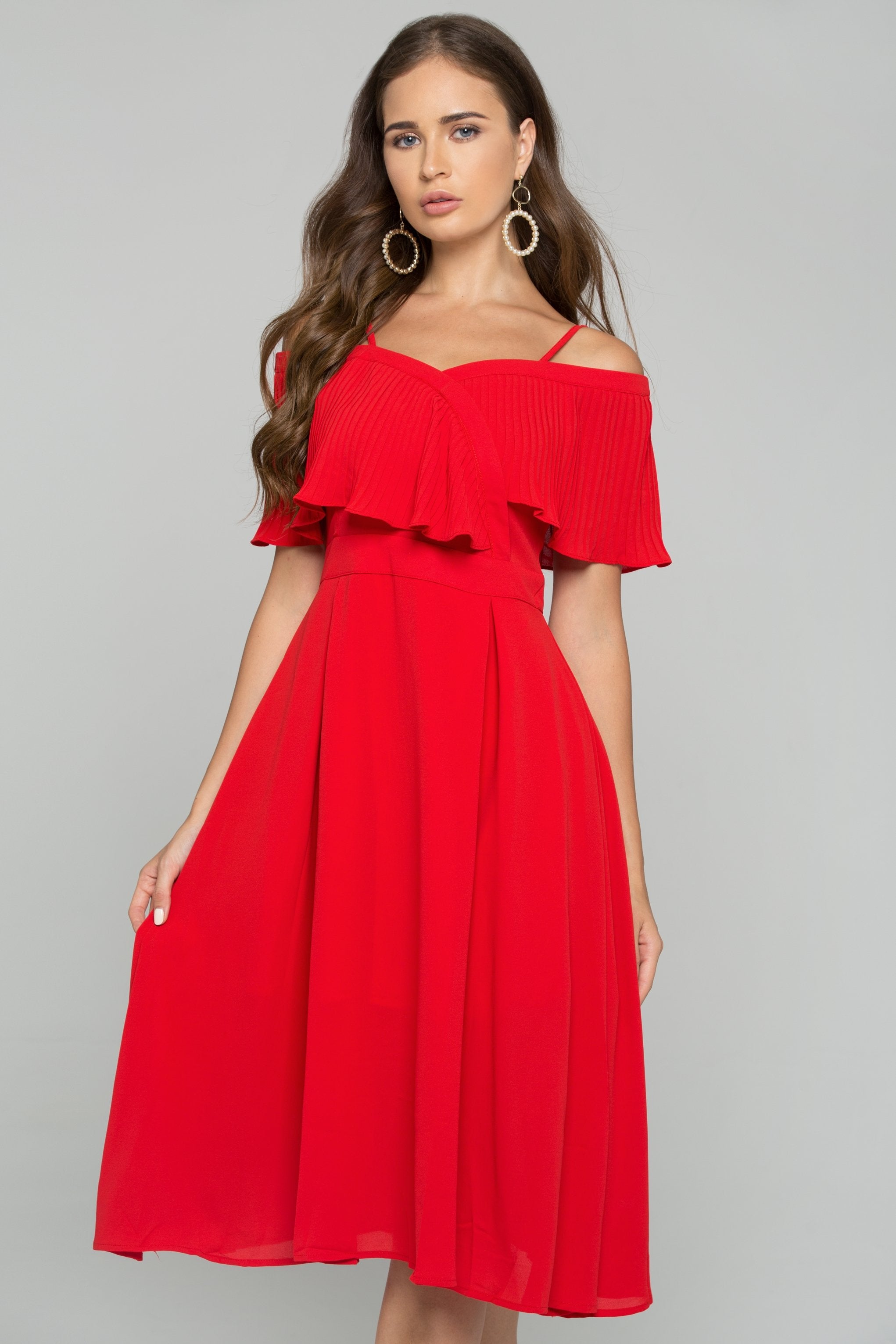 Red Spaghetti Strap Front Ribbed Ruffle Trim Mini Dress - ownthelooks-Development