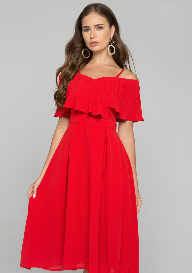 Red Spaghetti Strap Front Ribbed Ruffle Trim Mini Dress - ownthelooks-Development