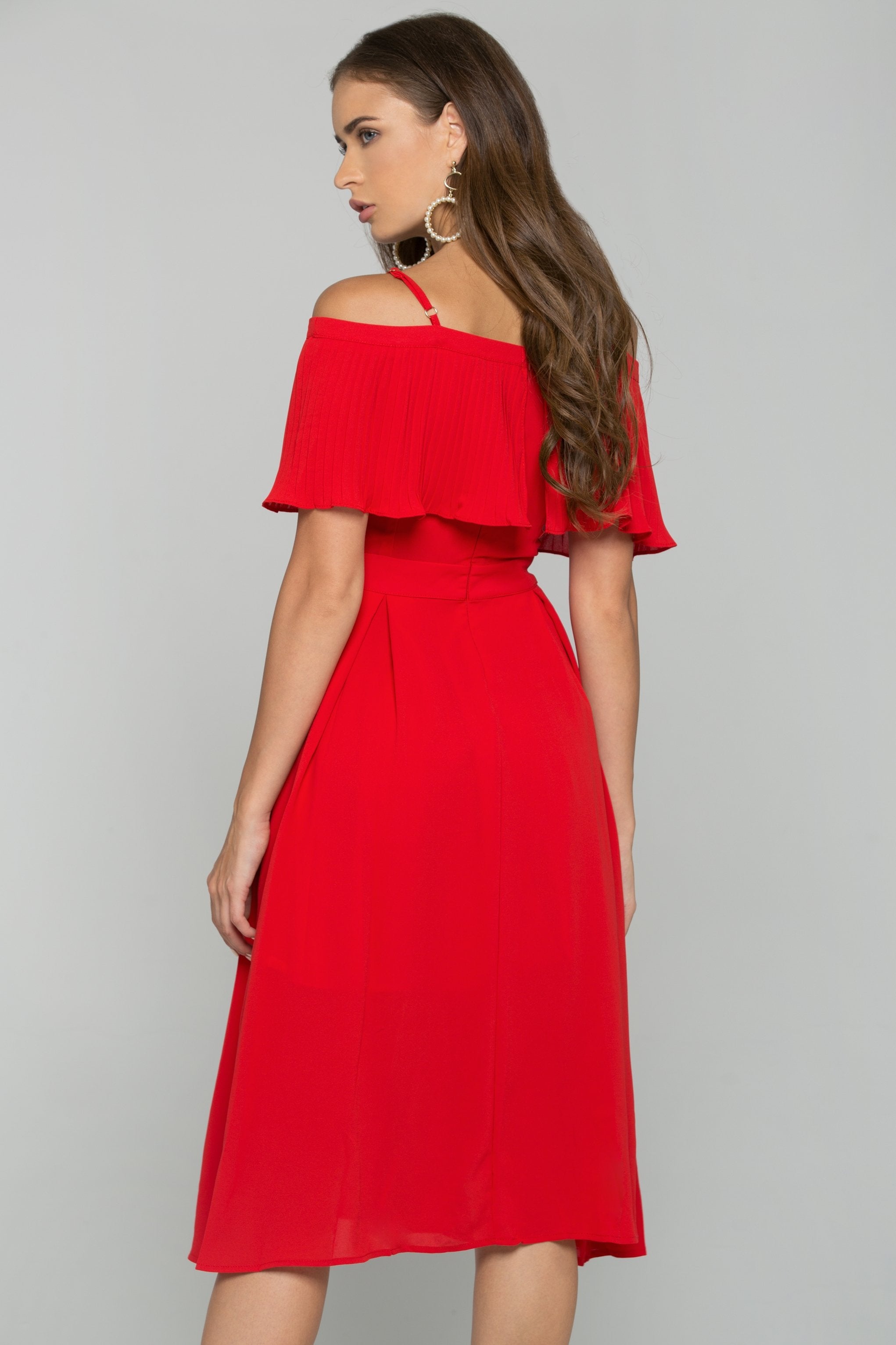 Red Spaghetti Strap Front Ribbed Ruffle Trim Mini Dress - ownthelooks-Development