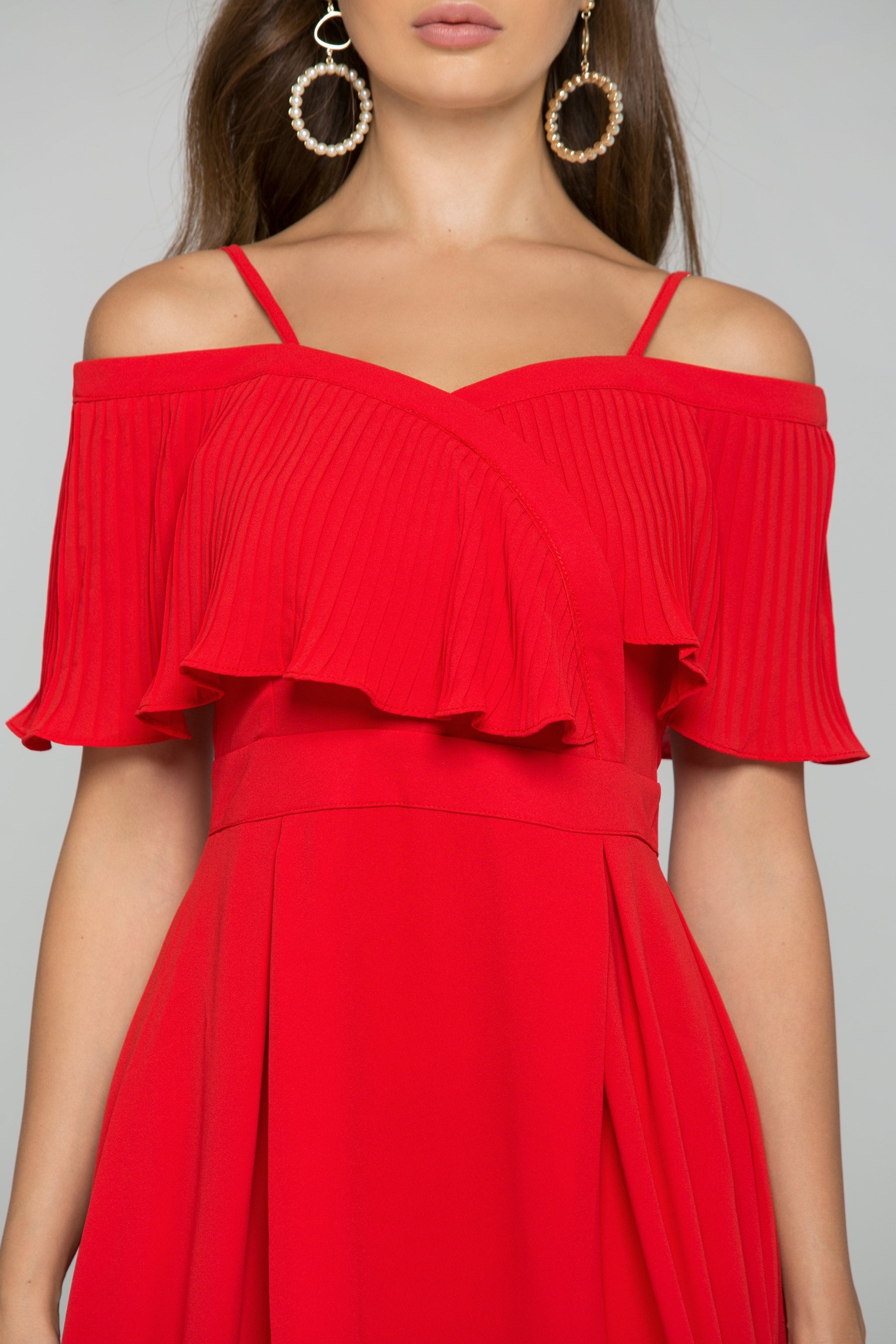 Red Spaghetti Strap Front Ribbed Ruffle Trim Mini Dress - ownthelooks-Development