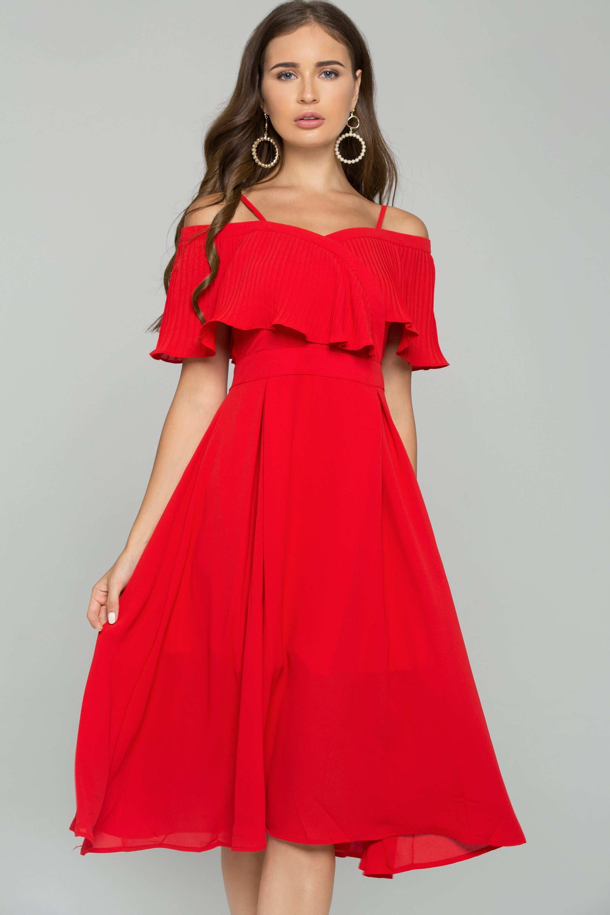 Red Spaghetti Strap Front Ribbed Ruffle Trim Mini Dress - ownthelooks-Development