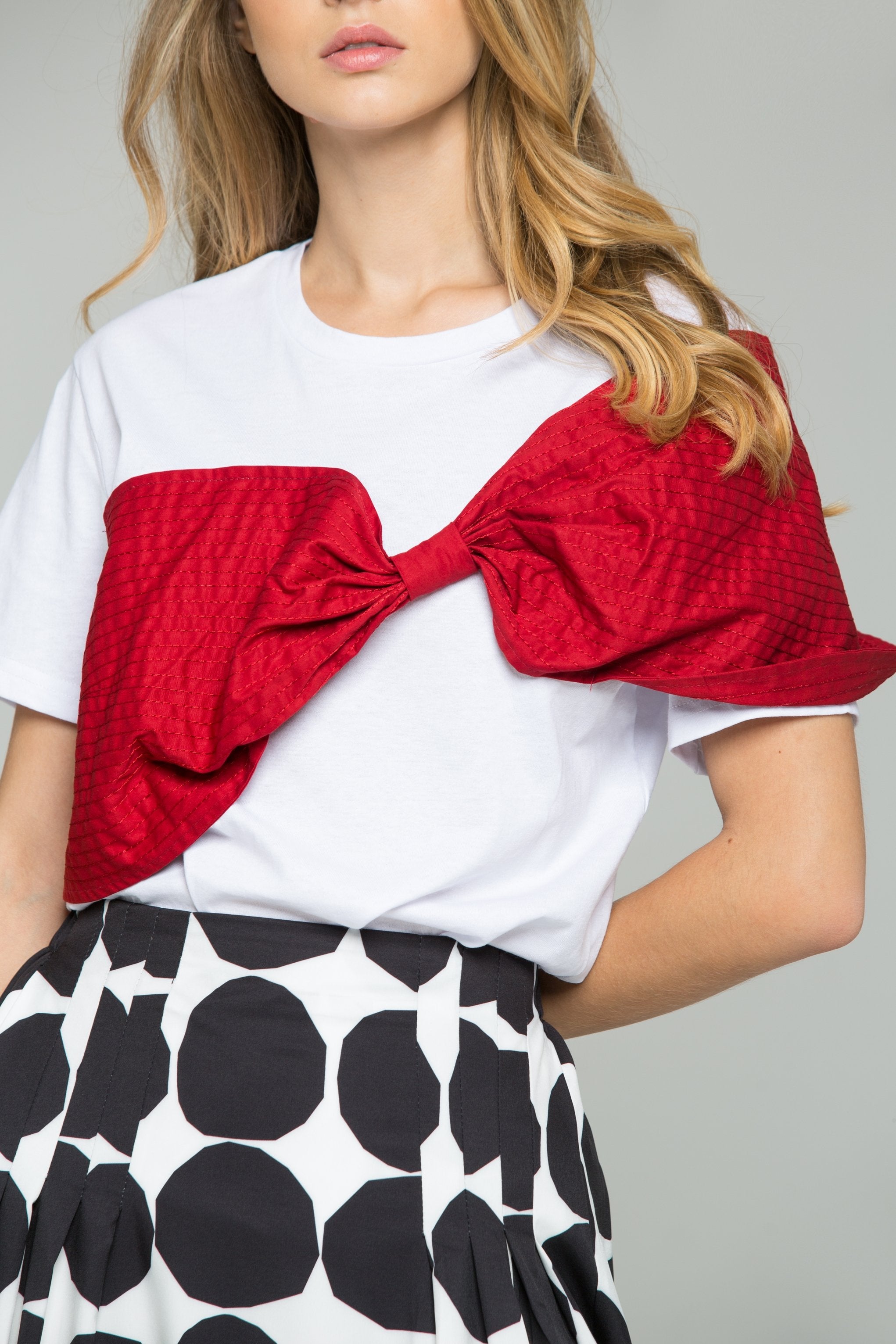 Red Crepe Textured Fabric Bow Over White T-Shirt - ownthelooks-Development