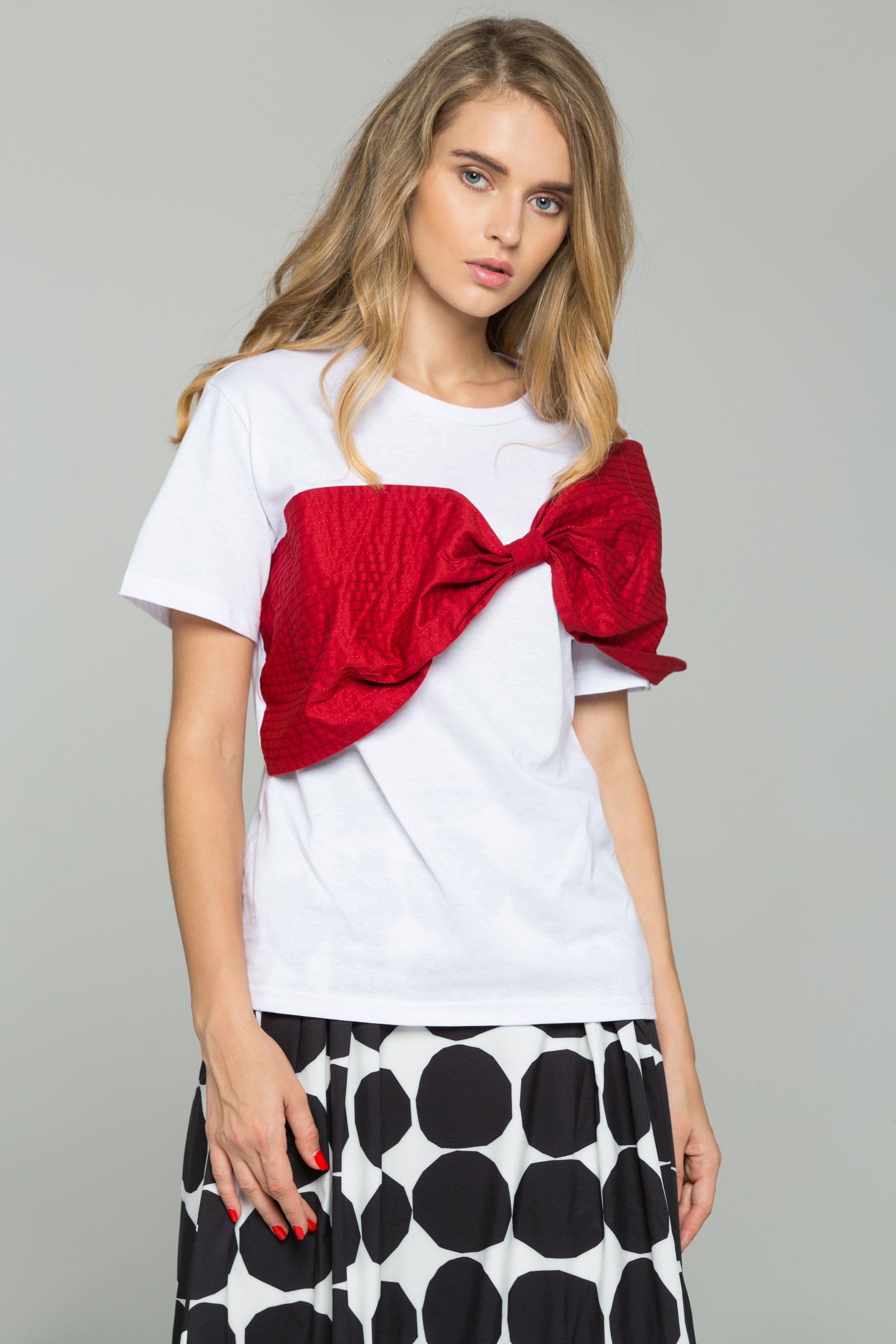 Red Crepe Textured Fabric Bow Over White T-Shirt - ownthelooks-Development