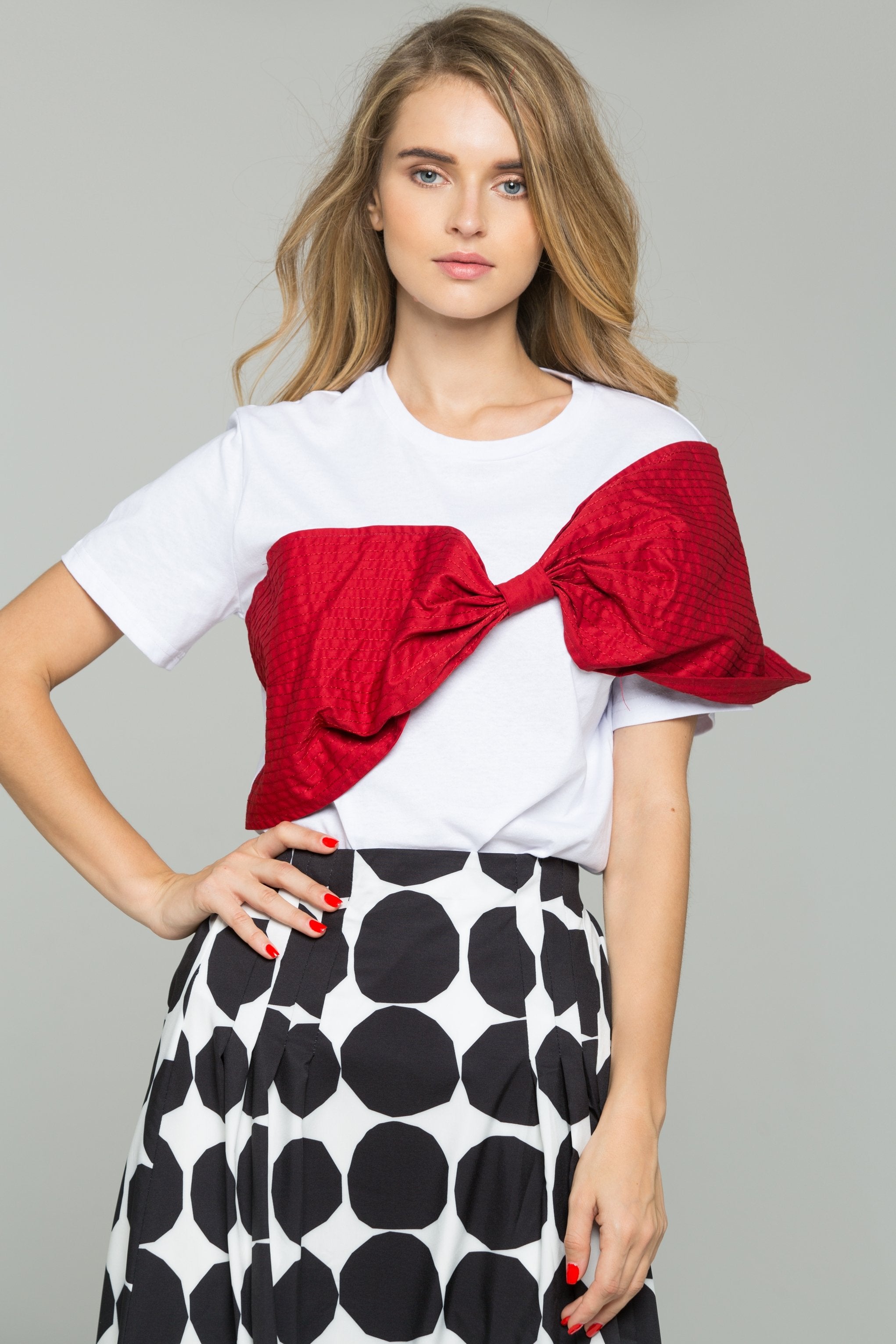 Red Crepe Textured Fabric Bow Over White T-Shirt - ownthelooks-Development
