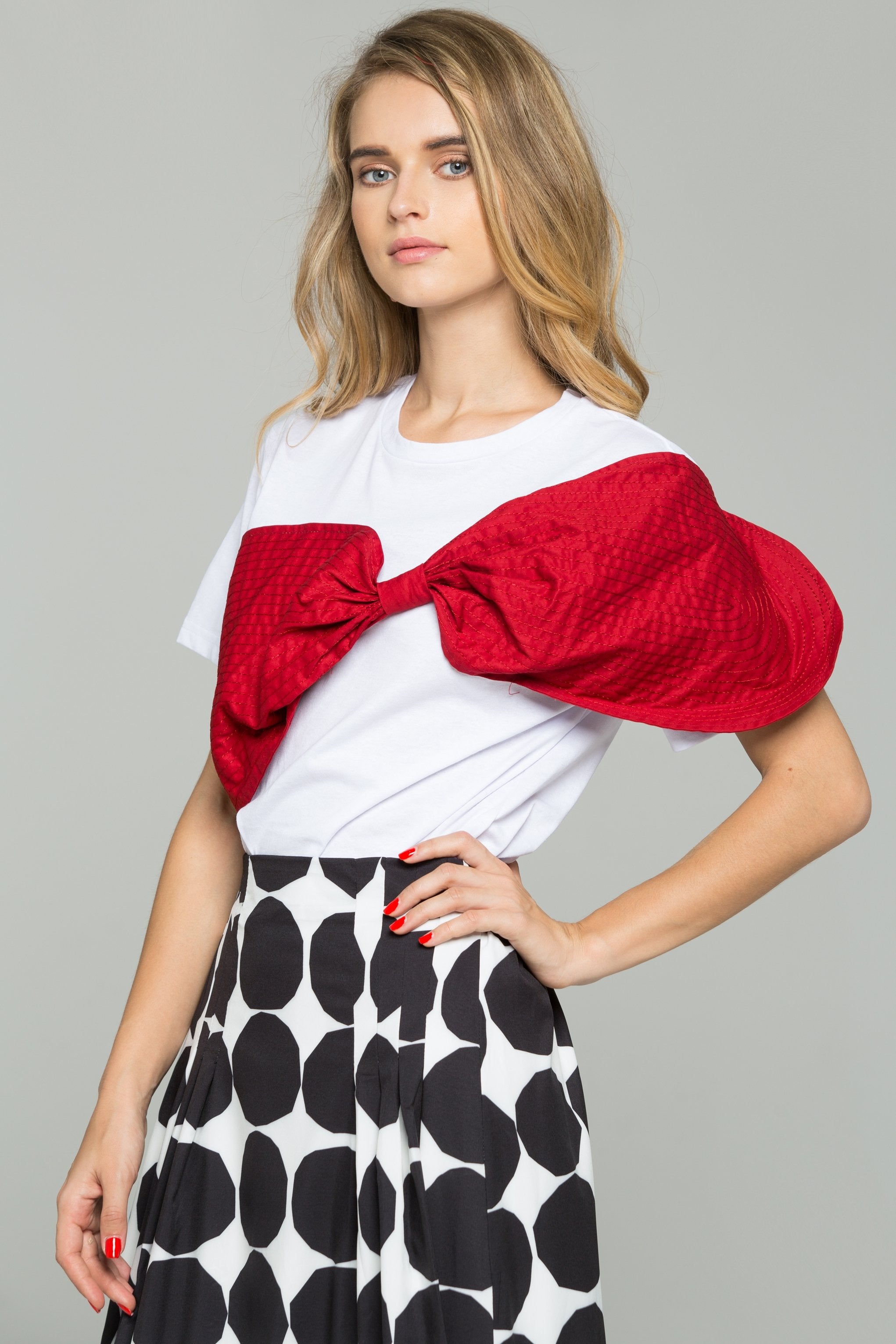 Red Crepe Textured Fabric Bow Over White T-Shirt - ownthelooks-Development