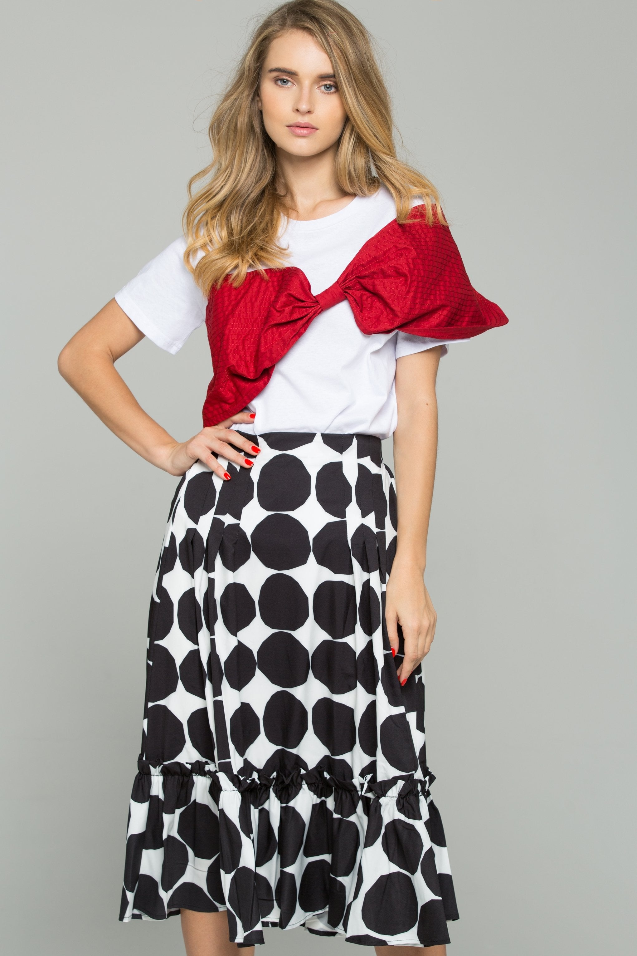 Red Crepe Textured Fabric Bow Over White T-Shirt - ownthelooks-Development