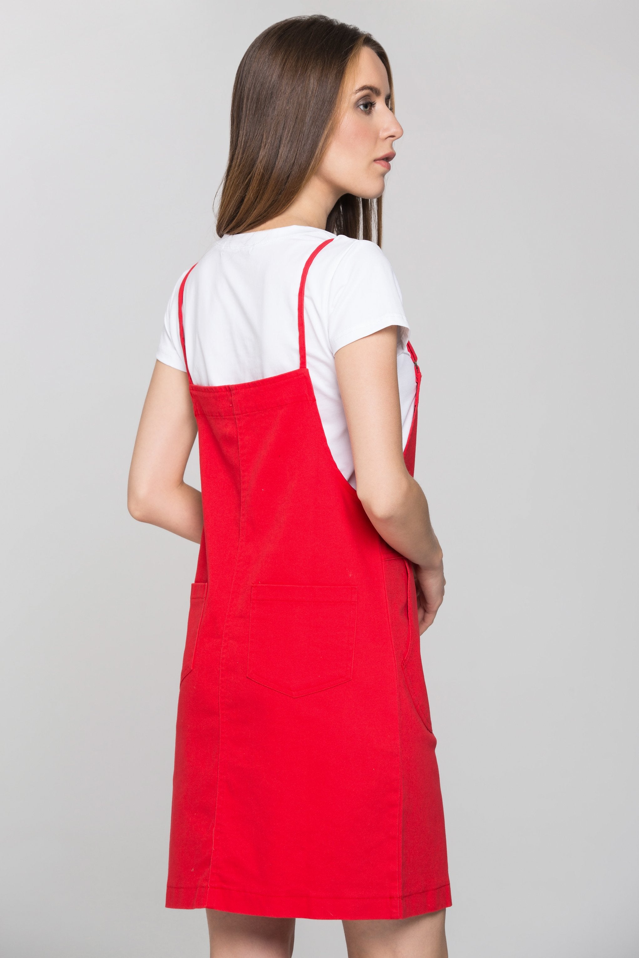 Red Denim White Shirt Pinafore Dress Set - ownthelooks-Development