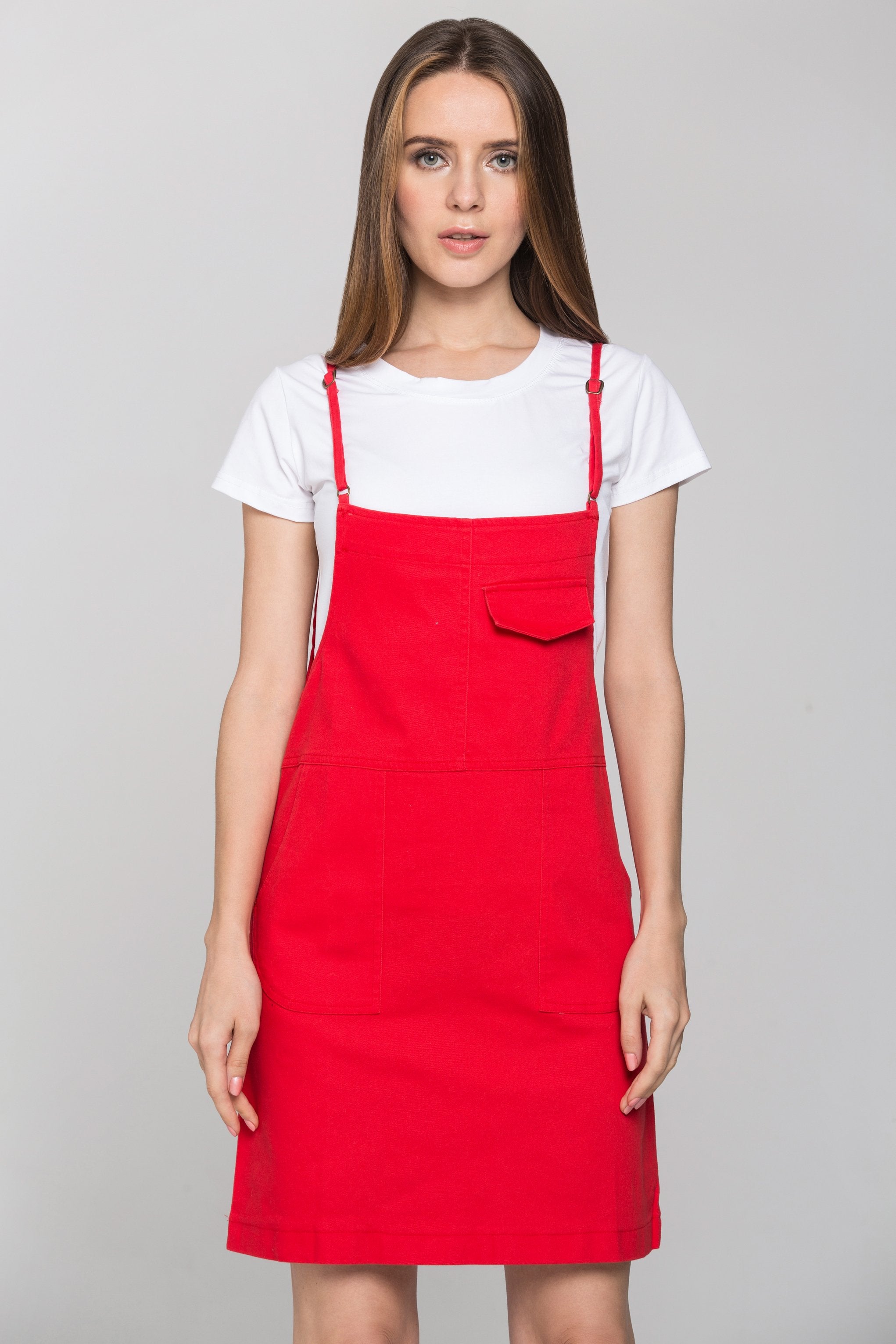 Red Denim White Shirt Pinafore Dress Set - ownthelooks-Development
