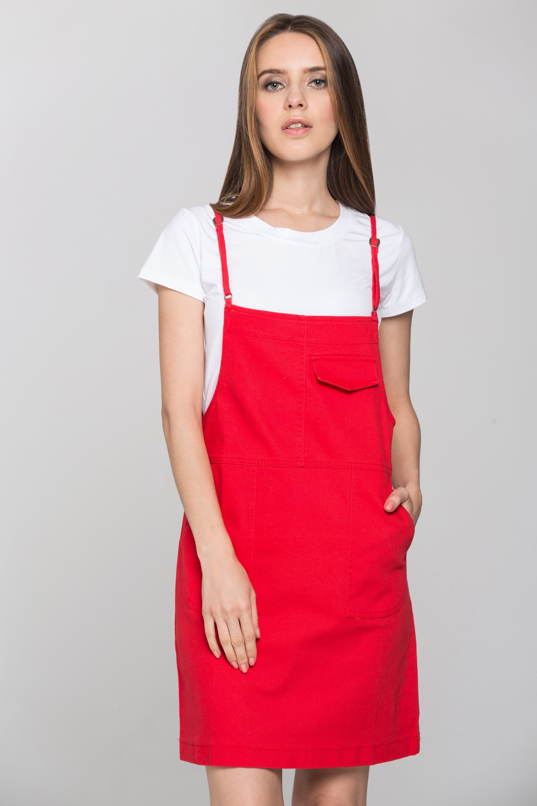 Red Denim White Shirt Pinafore Dress Set ownthelooks-Development Red Denim White Shirt Pinafore Dress Set ownthelooks-Development