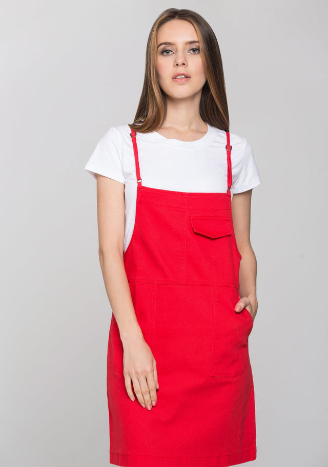 Red Denim White Shirt Pinafore Dress Set - ownthelooks-Development