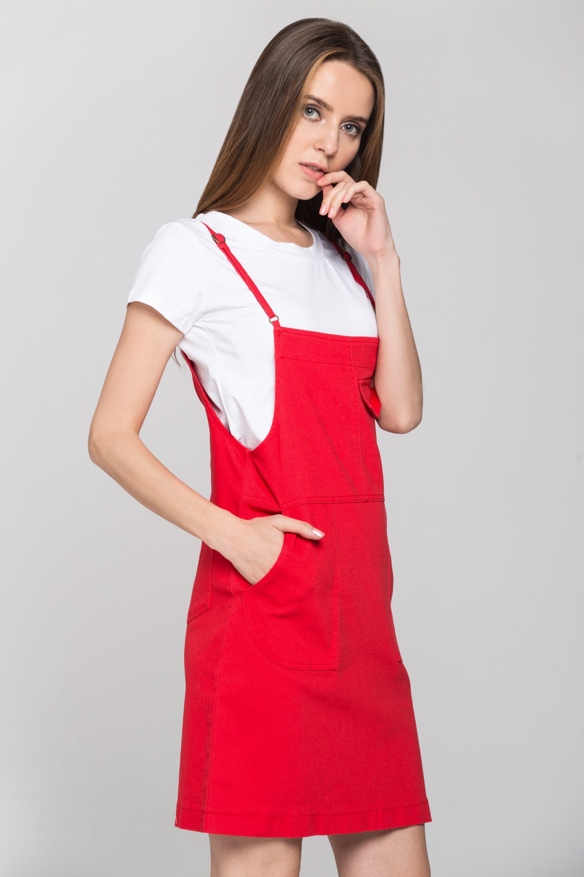 Red Denim White Shirt Pinafore Dress Set - ownthelooks-Development